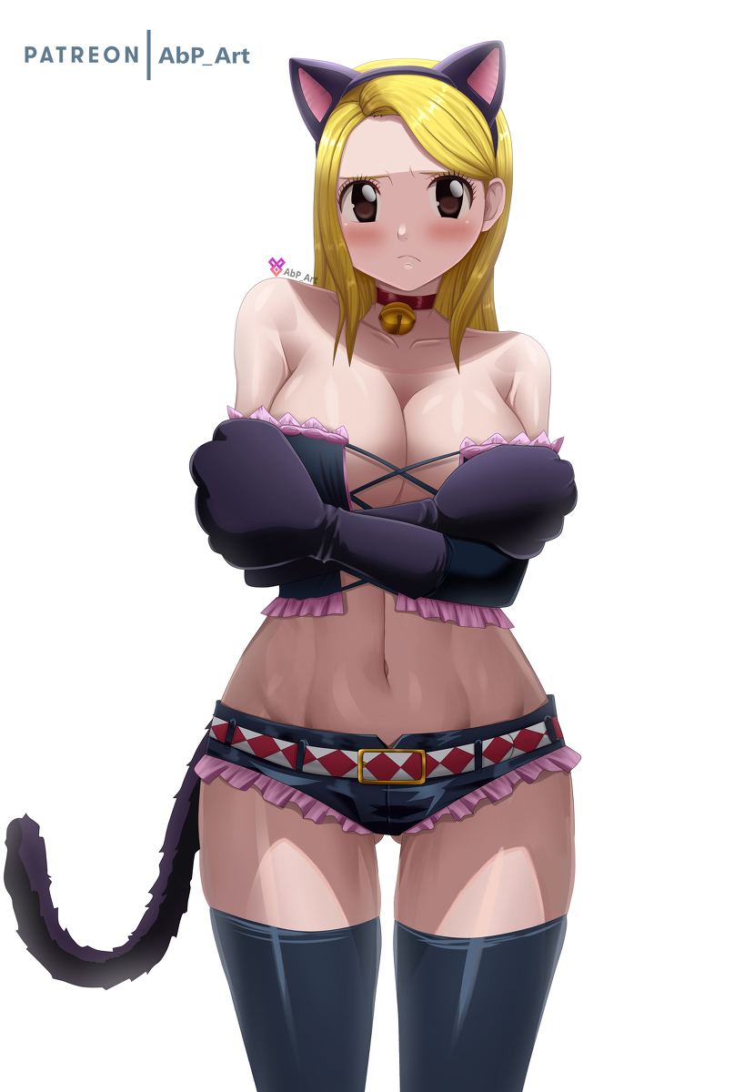 1girls abp_art belly big_breasts blonde_hair blush cat_ears cat_tail catgirl collar covering_breasts fairy_tail feline female female_only huge_breasts long_hair looking_at_viewer lucy_heartfilia