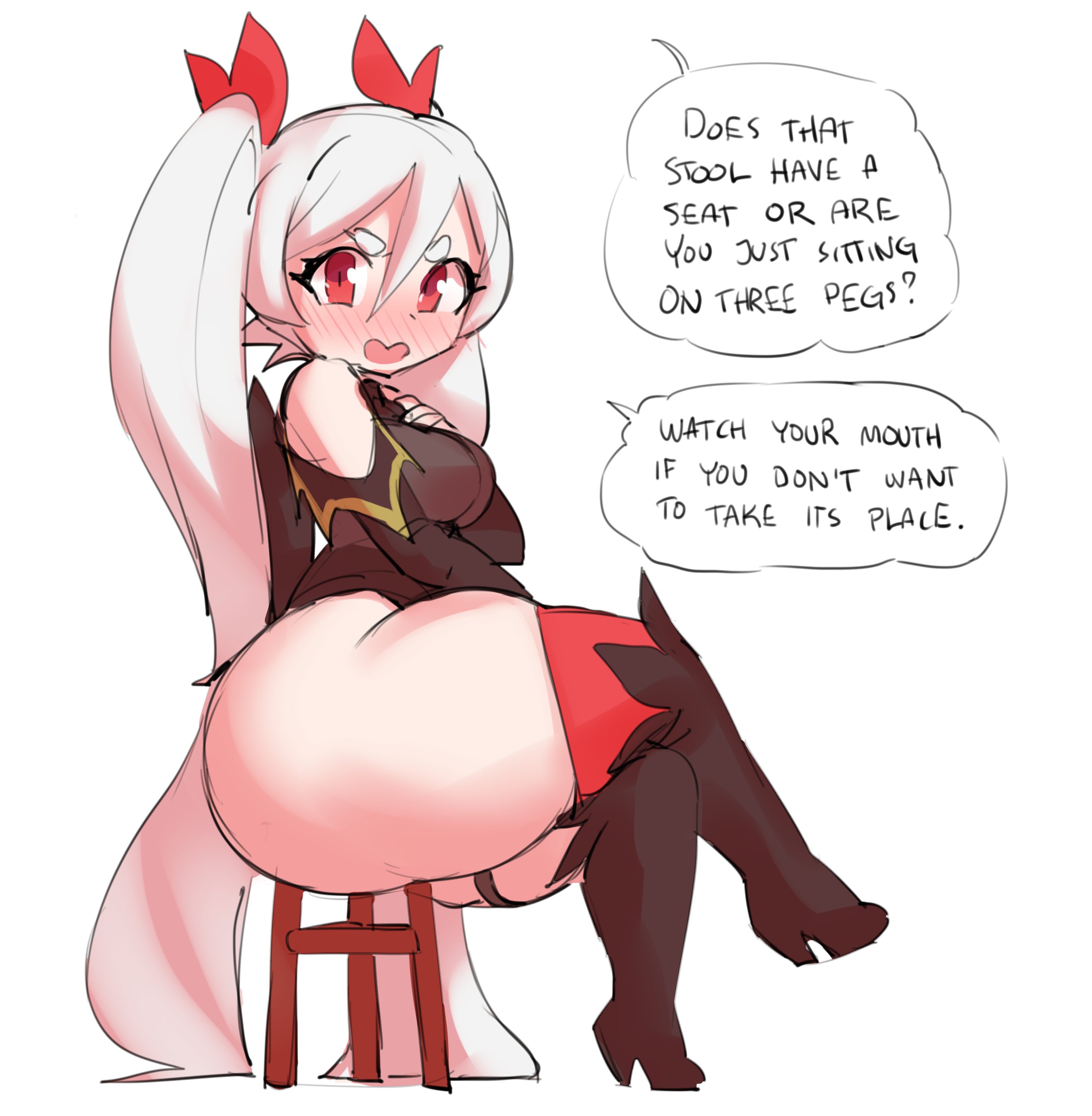 annoyed, ass, big ass, blush, boots, borvar, bottom heavy, bubble ass, bubble butt, chair, female, female only, flustered, hair ribbon, heel boots, heels, huge ass, huge thighs, human chair, imminent facesitting, long hair, looking at viewer, original, original character, red eyes, shortstack, side view, sitting, sitting on chair, speaking to viewer, stool, talking to viewer, text, thick ass, thick thighs, thighs, threatening, twintails, val (raylero), vampire, very long hair, white hair