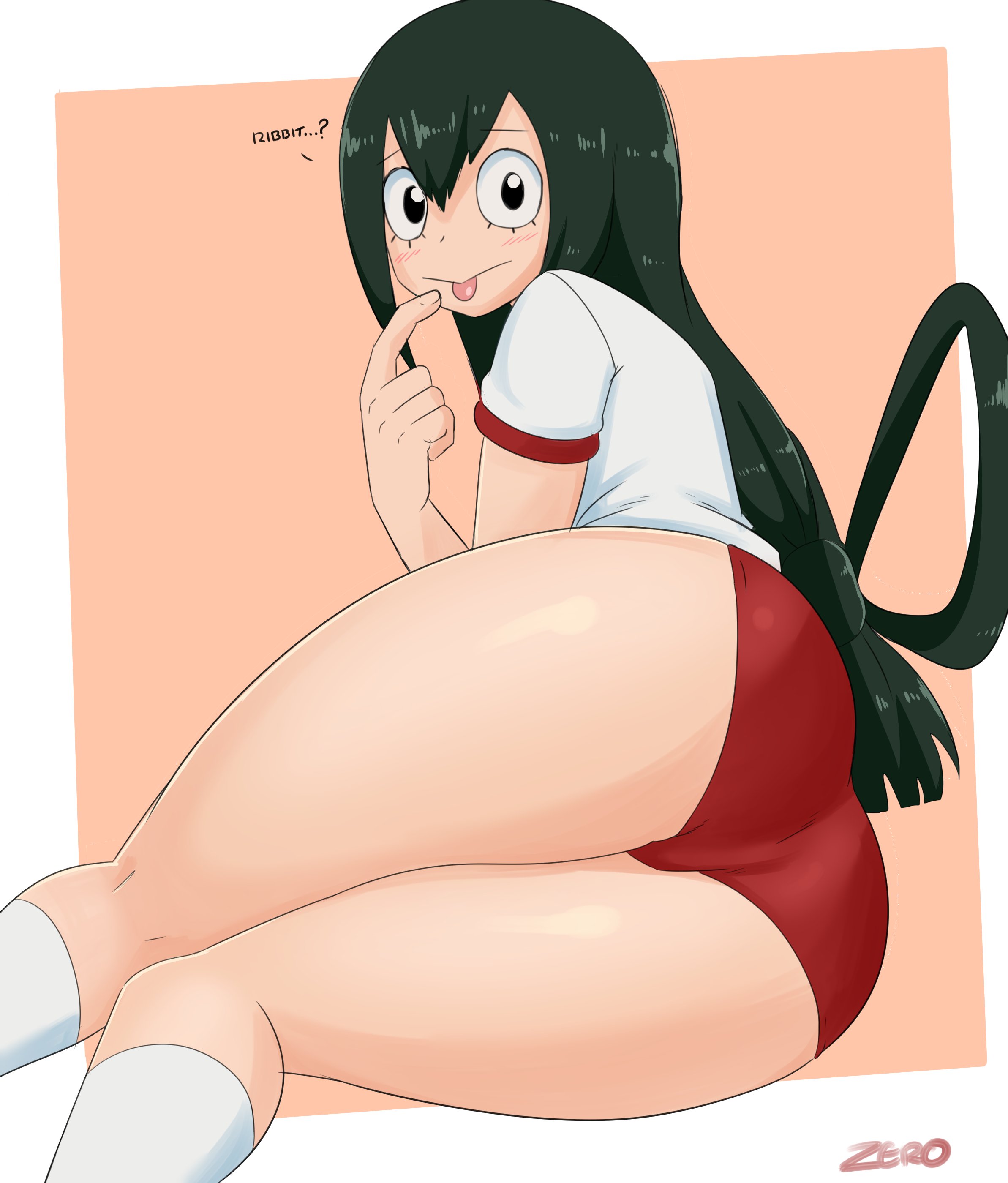 1girls, absurd res, artist name, ass, ass focus, back, black eyes, bloomers, border, bra, buruma, clothing, female, green hair, green-haired female, gym uniform, hair between eyes, hi res, kneehighs, large ass, legs together, legwear, long hair, looking at viewer, looking back, low tied hair, lying, my hero academia, on side, shirt, short sleeves, simple background, solo, sports bra, sports uniform, thick thighs, thighs, tied hair, tongue, tongue out, tsuyu asui, underwear, viewed from behind, white border, white legwear, white shirt, zeromomentai