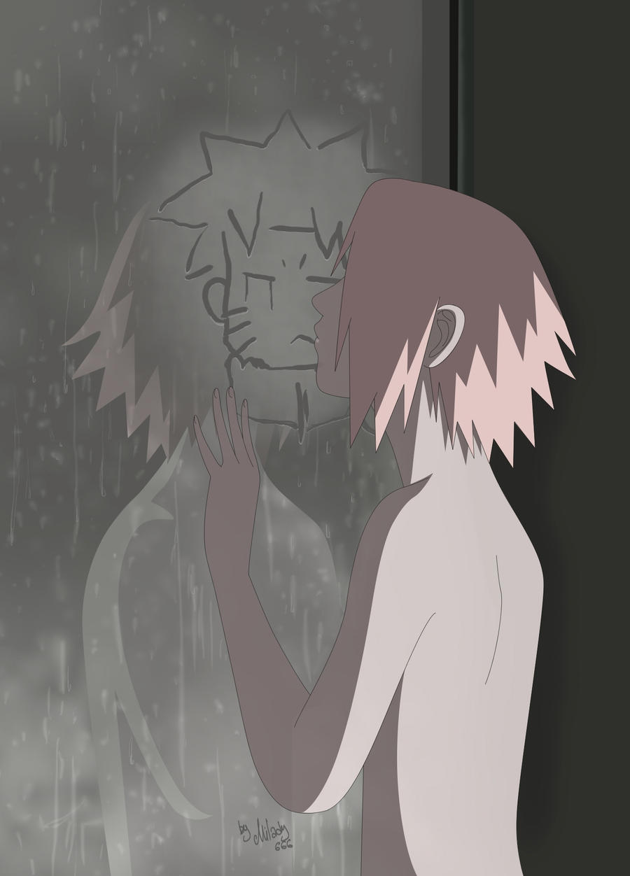 1girls against_wall against_window arm_support dark drawing female female_only glass indoors kissing long_hair milady666 naruto naruto_(series) naruto_shippuden night pink_hair raining reflection sakura_haruno solo solo_focus standing steam uzumaki_naruto window