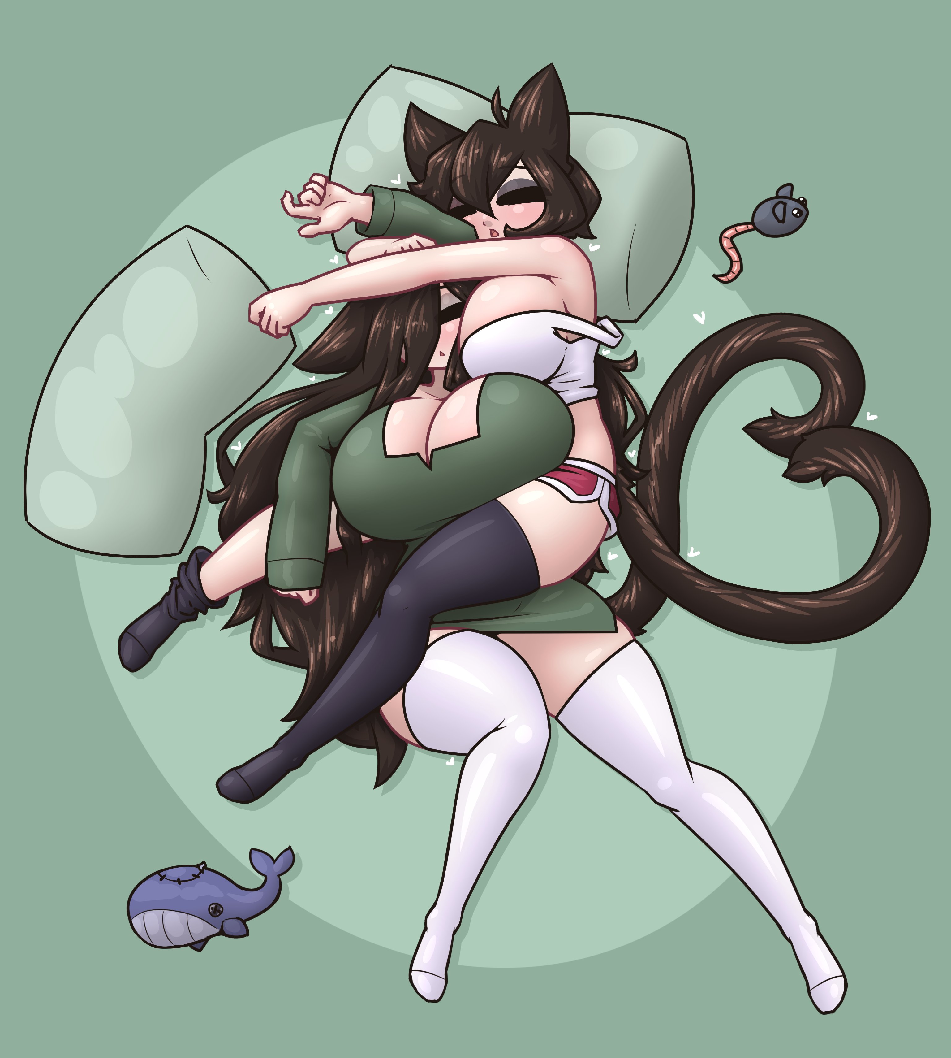 2girls, big breasts, breasts, cat girl, catgirl, catrina (limebreaker), female, huge breasts, kat (limebreaker), large breasts, limebreaker, original, sleeping, sleeping on person, tagme, thick thighs, thighhighs, wholesome