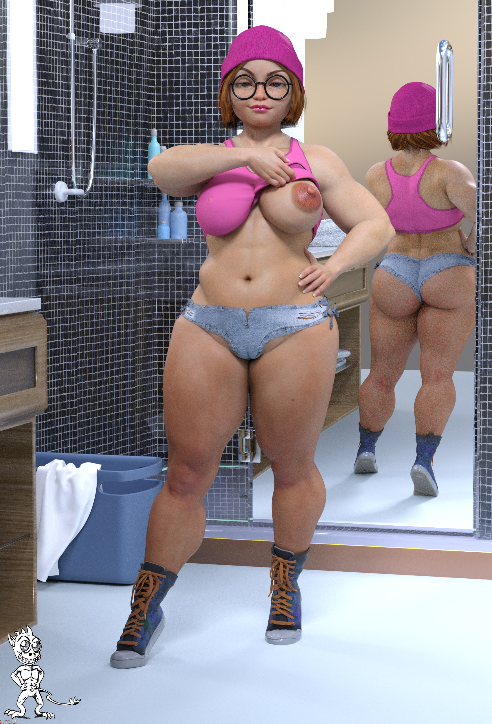 1girls, 3d, areola, ass, big areola, big ass, big breasts, big butt, big nipples, breasts, cameltoe, chubby, chupacabra (artist), family guy, female, female only, fingernails, glasses, hips, light skin, light-skinned female, meg griffin, mirror, nipples, pale skin, pale-skinned female, perky breasts, plump labia, presenting, puffy areola, pussy, pussy bulge, reflection, shirt lift, smile, solo, solo female, thick thighs, thighs