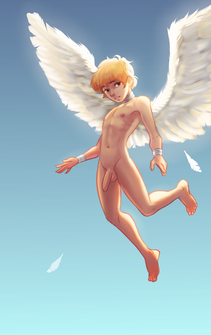 1boy abs angel angel_boy angel_wings barefoot cassius_(nylonics) casual_nudity completely_nude completely_nude_male flaccid male male_only navel nipples nude nude_male nylonics orange_hair penis short_hair solo testicles toned_male venaeren wings