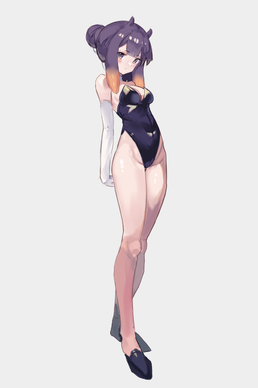 1girls, absurd res, armwear, artist request, belly button, belly button visible through clothing, blush, blushing at viewer, bunnysuit, choker, eyebrows visible through hair, female, female focus, female only, gloves, grey background, hip bones, hololive, hololive english, hololive myth, light skin, light-skinned female, long gloves, long hair, looking at viewer, multicolored hair, ninomae ina'nis, orange hair, pale skin, pale-skinned female, purple eyes, purple hair, standing, thick thighs, tied hair, very long hair, virtual youtuber, white background, white gloves