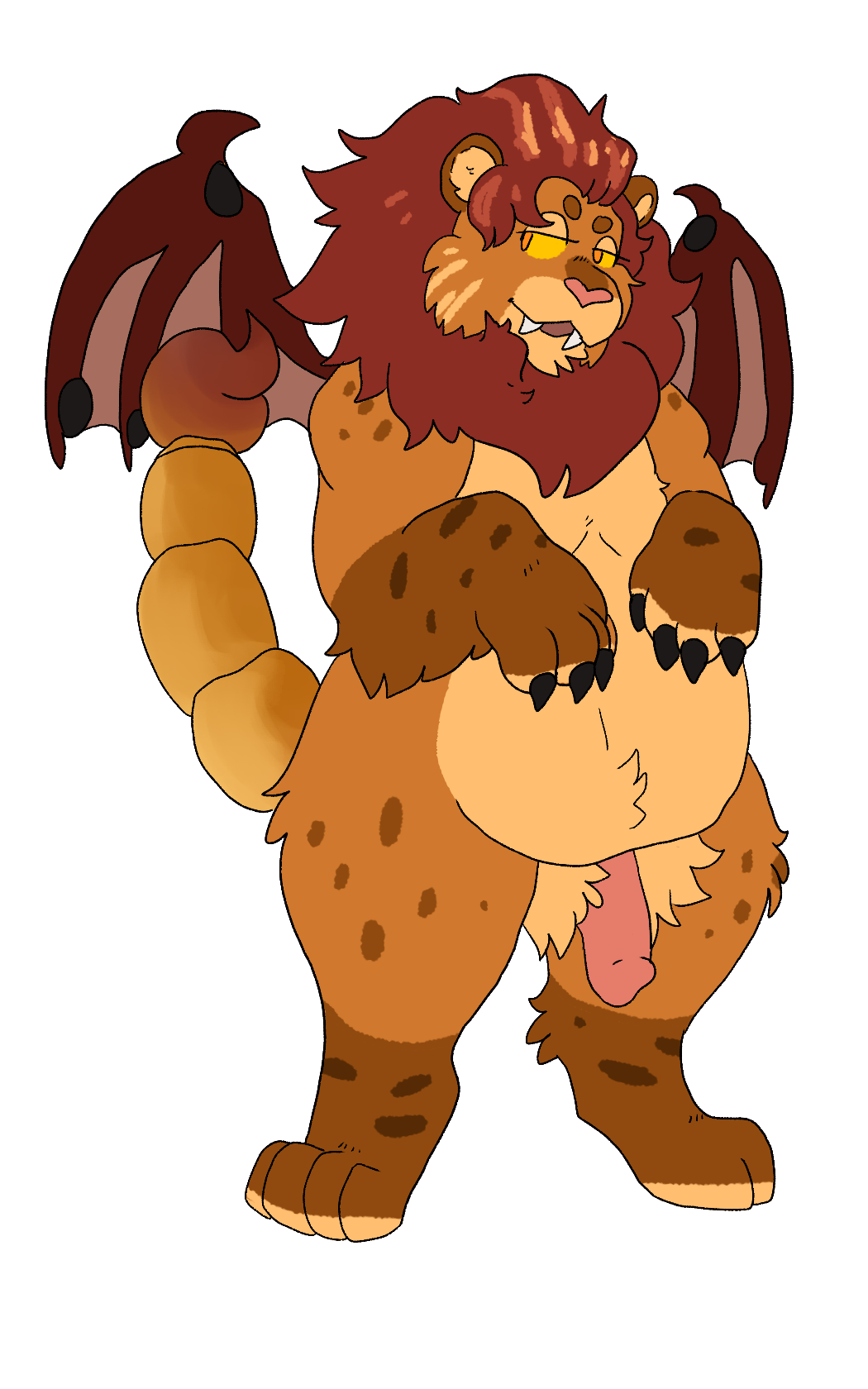 anthro battycat claws felid genitals hair hi_res iranian_mythology male mammal mane mane_hair manticore middle_eastern_mythology mythology nude penis pubes scorpian_tail small_wings solo wings