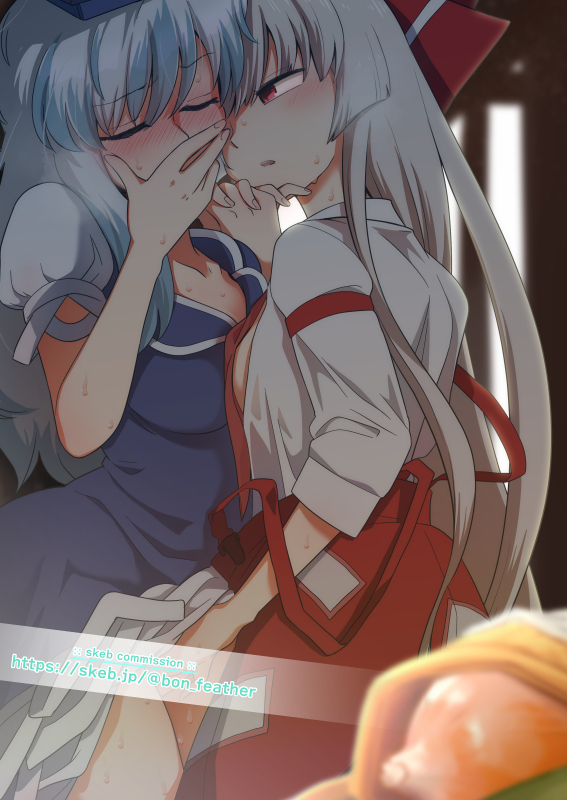 2girls blush bon_(rump) commission fujiwara_no_mokou hand_on_own_face holding_hands japanese_clothes keine_kamishirasawa long_hair multiple_girls skeb_commission sweat touhou white_hair yuri