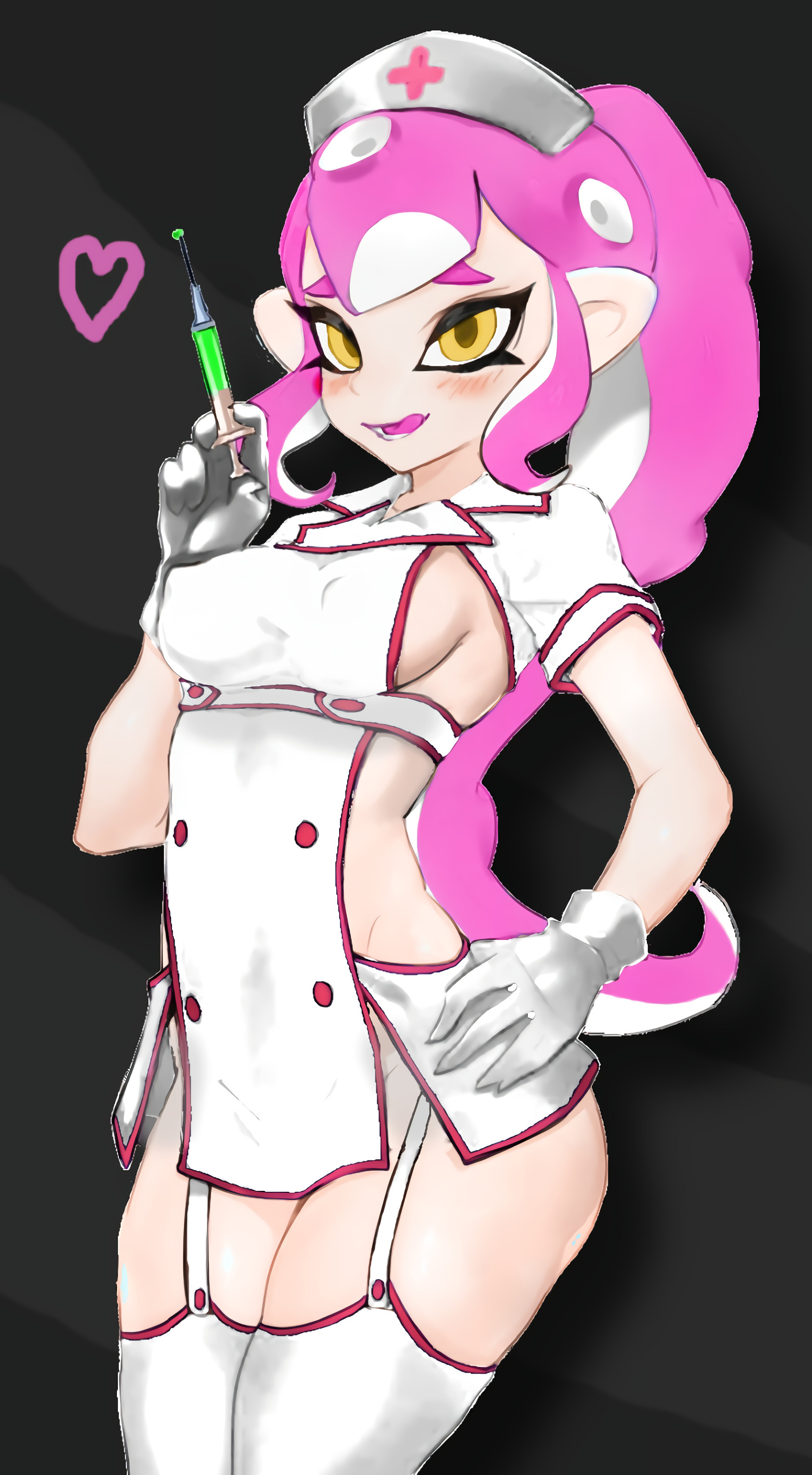 1girls, amber eyes, black background, blush, breasts, cute, dark background, edit, edited, erect nipples, fan character, female, female only, garter straps, gloves, heart, jtveemo, licking lips, light skin, light-skinned female, long hair, looking at viewer, mouth open, needle, nintendo, nipples, nurse, nurse cap, nurse clothing, nurse costume, nurse uniform, octoling, octoling girl, octopus girl, original character, pink eyes, pink hair, ponytail, pseudo hair, puffy nipples, seven (jtveemo), sideboob, simple background, solo, splatoon, splatoon (series), splatoon 2, syringe, tentacle hair, thick thighs, thighhighs, tongue, tongue out, white gloves, white thighhighs