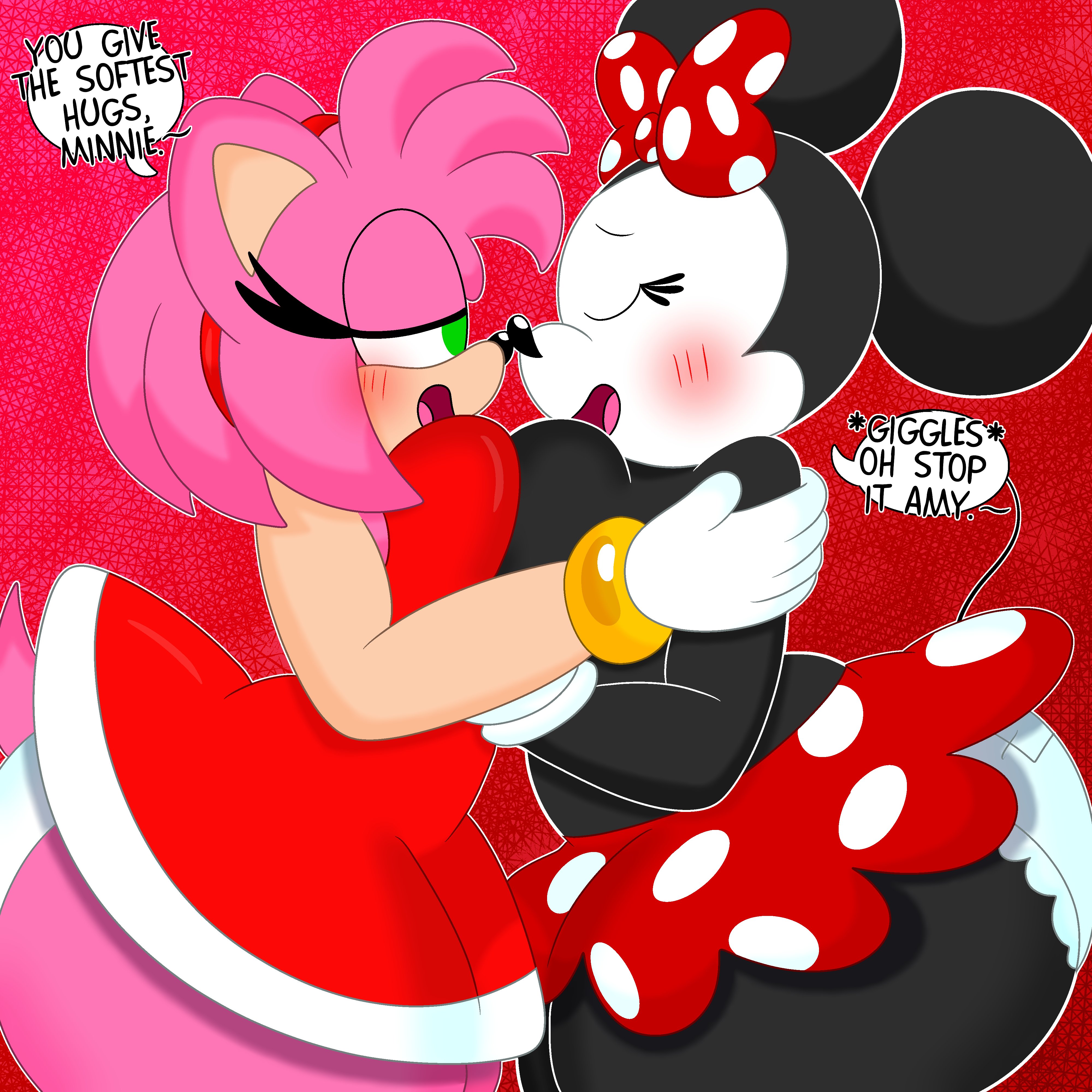 2girls, 3barts, alternate body type, alternate breast size, amy rose, anthro, ass, big ass, big breasts, blush, breasts, disney, female, hugging, minnie mouse, sega, sonic (series), sonic the hedgehog (series), thick thighs