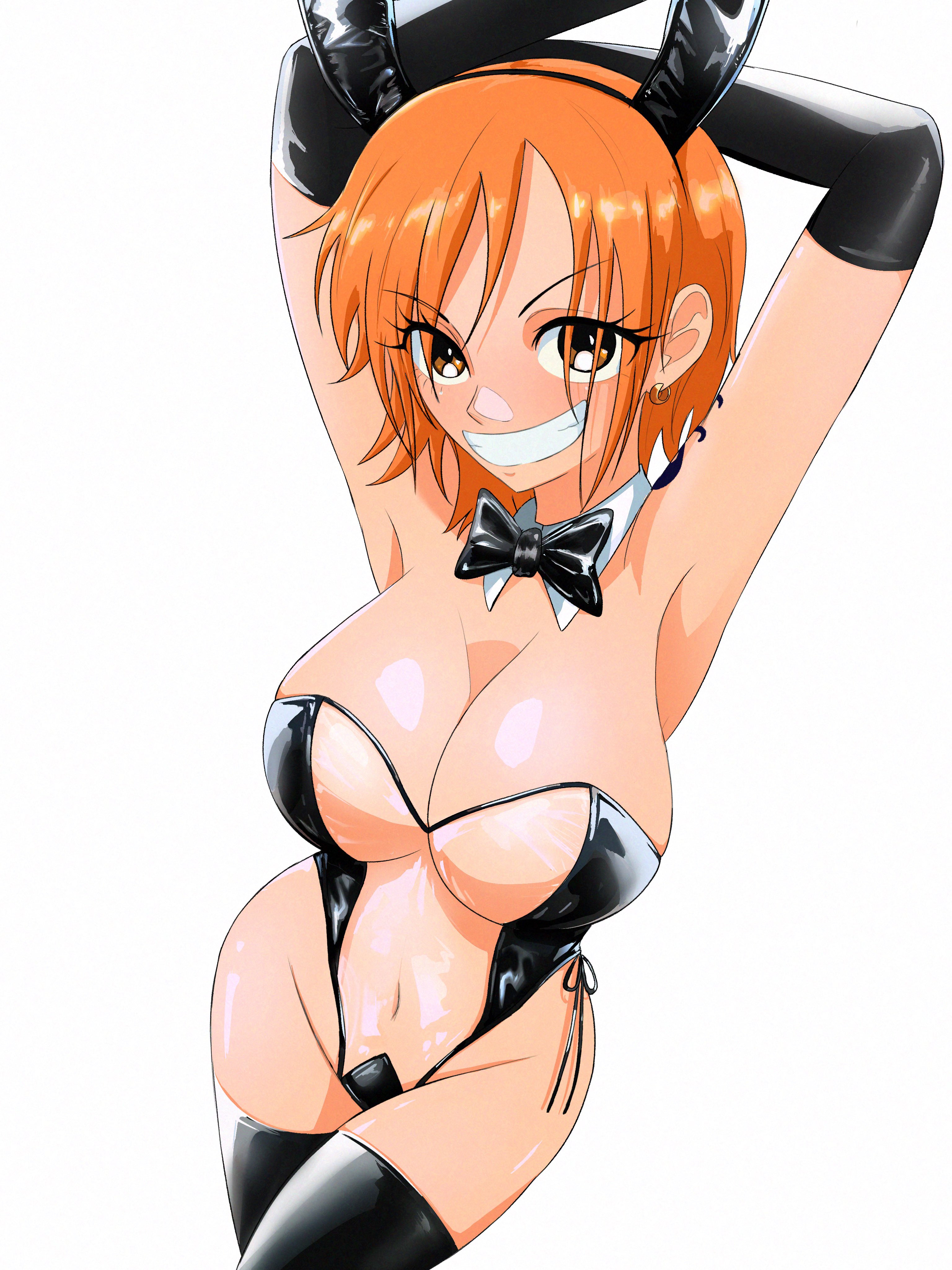 1girls, arm tattoo, arms above head, arms up, blue tattoo, bowtie, breasts, bunny ears, bunnysuit, busty, cleavage, collar, curvy, ear piercing, female, female only, grin, latex, latex gloves, latex thighhighs, nami (one piece), navel, one piece, opalisart, orange hair, orange-haired female, partially clothed, pose, posing, seductive, see-through, see-through clothing, short hair, skimpy, solo, tattoo, thick thighs, thighhighs, transparent bunnysuit, white background, wide hips