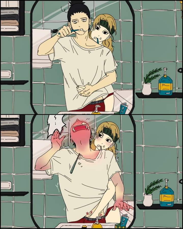 1boy, 1girls, bathroom, black hair, blonde hair, blush, boxers, brushing, brushing teeth, canon couple, casual, couple, female, grabbing, grabbing from behind, hand in underwear, hand under clothes, handjob, handjob under clothes, head back, implied handjob, implied sex, indoors, kyrakyun, male, male/female, mirror, mirror reflection, moaning, nara shikamaru, naruto, naruto (series), naruto shippuden, panties, penis, penis grab, reflection, sex, shirt, standing sex, straight, temari, underwear, window