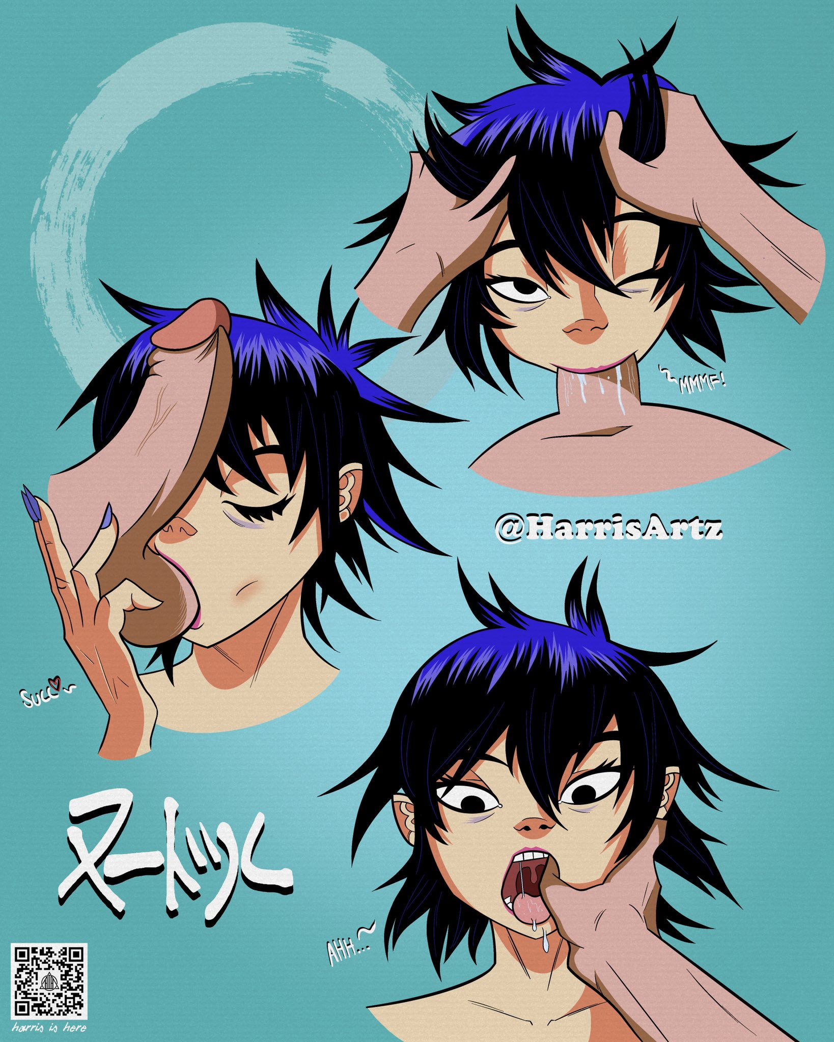 asian, balls, balls sucking, black hair, blowjob, fellatio, female, finger in mouth, gorillaz, harrisartz, hi res, holding head, lipstick, male, noodle (gorillaz), one eye closed, qr code, tagme, tongue