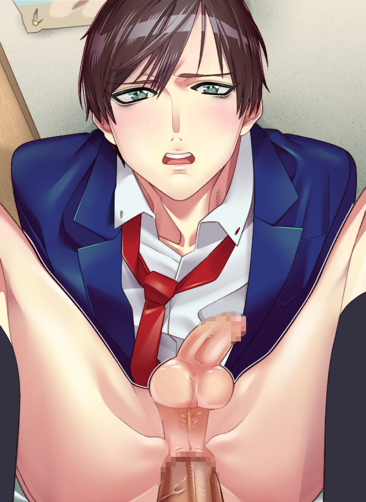 2boys anal anal_sex bags_under_eyes blush bottomless brown_hair clothed_sex erection gantz gay green_eyes joichiro_nishi looking_at_viewer male male_only male_pov mosaic_censoring necktie open_mouth penis school_uniform schoolboy small_penis solo_focus uniform yaoi