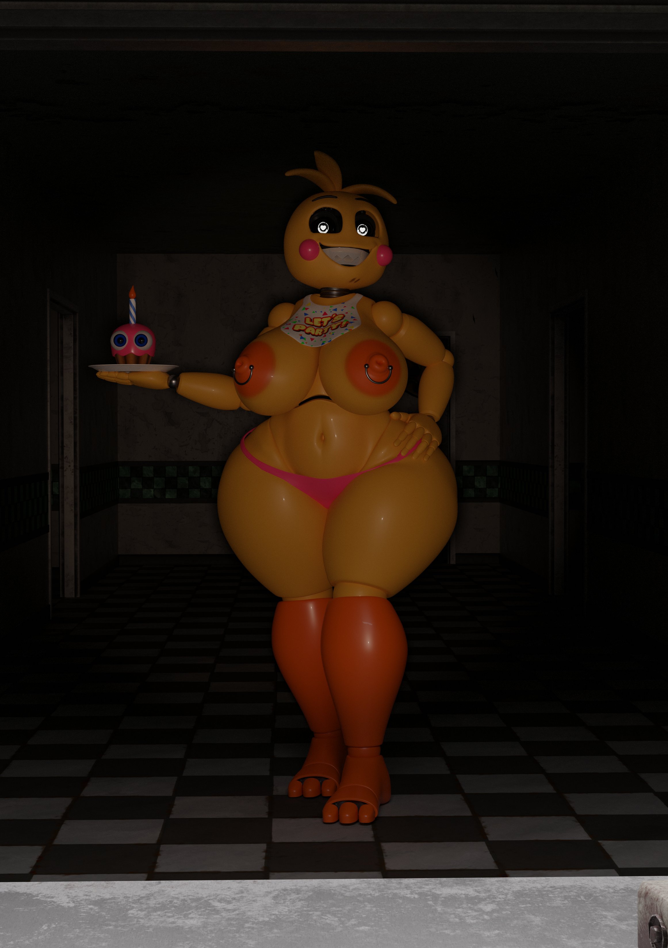 3d, anthro, ass, bib, big areola, big nipples, big thighs, breasts, cupcake (fnaf), female, feversfm, five nights at freddy's, five nights at freddy's 2, huge ass, huge breasts, huge toy chica, large areolae, large breasts, lovetaste chica, nipple piercing, nipples, piercing, pink panties, robot, solo, thick thighs, toy chica (fnaf), toy chica (love taste)