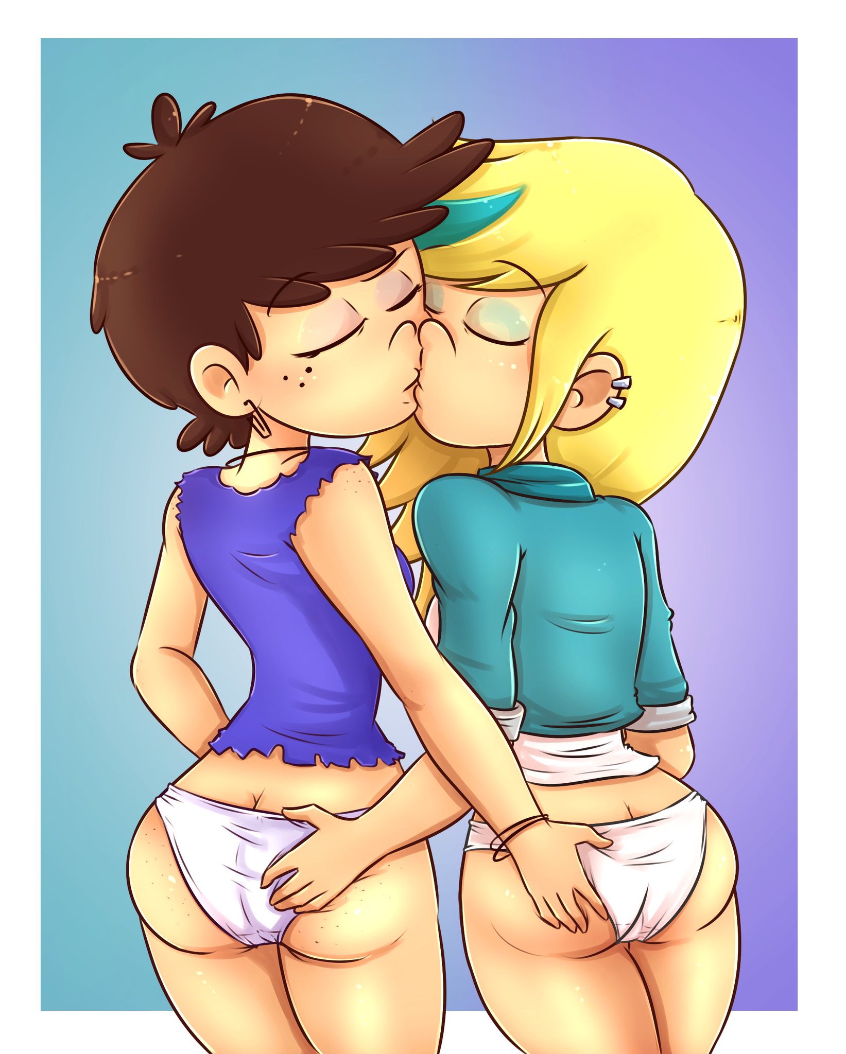 2girls, ass, ass grab, back view, blush, bracelet, canon couple, closed eyes, drawsoyeah, earrings, female, grabbing ass, hi res, kissing, luna loud, multiple females, multiple girls, nickelodeon, no pants, panties, pixie cut, sam sharp, signature, teenage couple, teenage female, teenager, teenager on teenager, the loud house, thighs, young, yuri