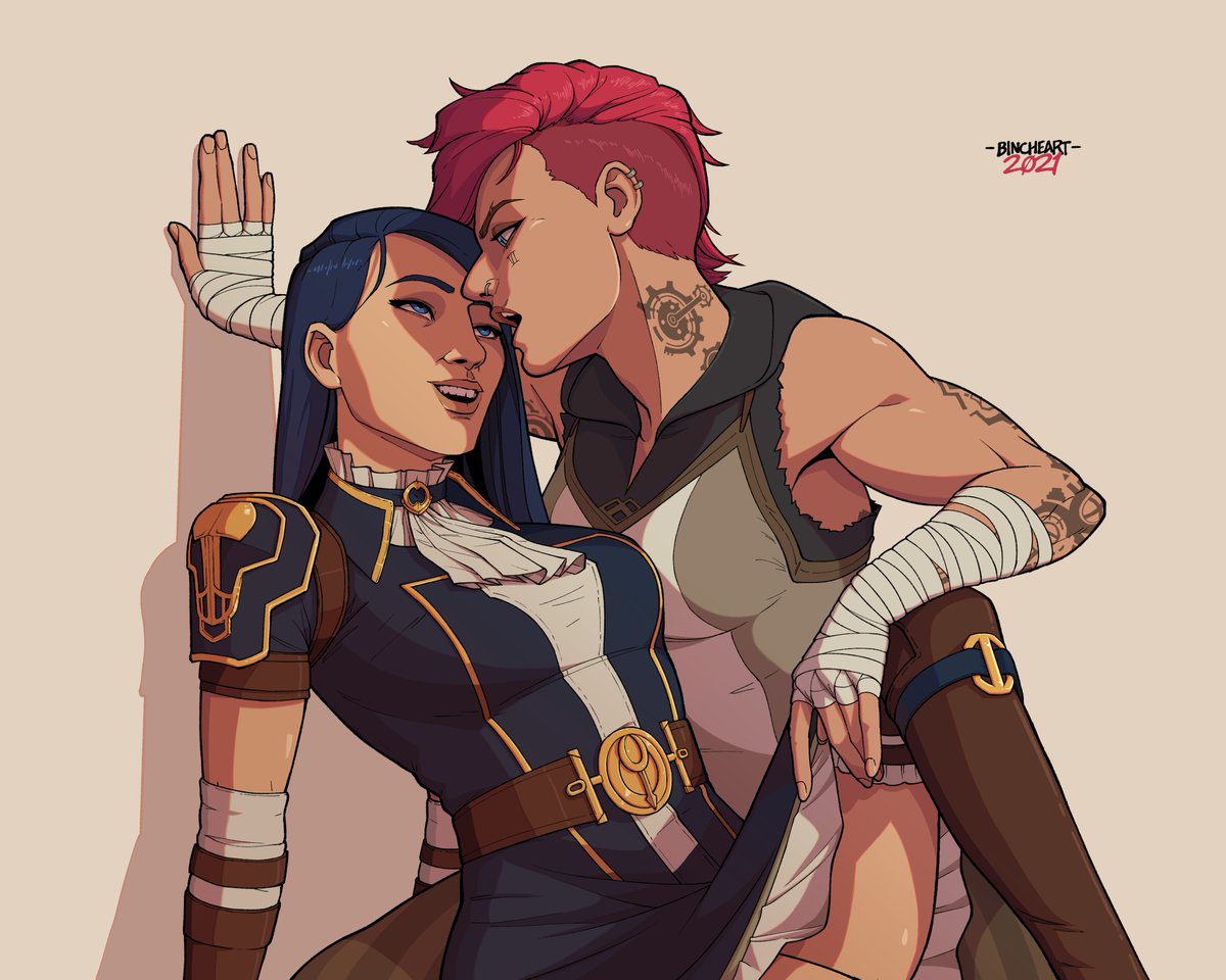 arcane, arcane caitlyn, arcane vi, binche art, caitlyn kiramman, canon couple, female, league of legends, lesbian, riot games, vi, yuri