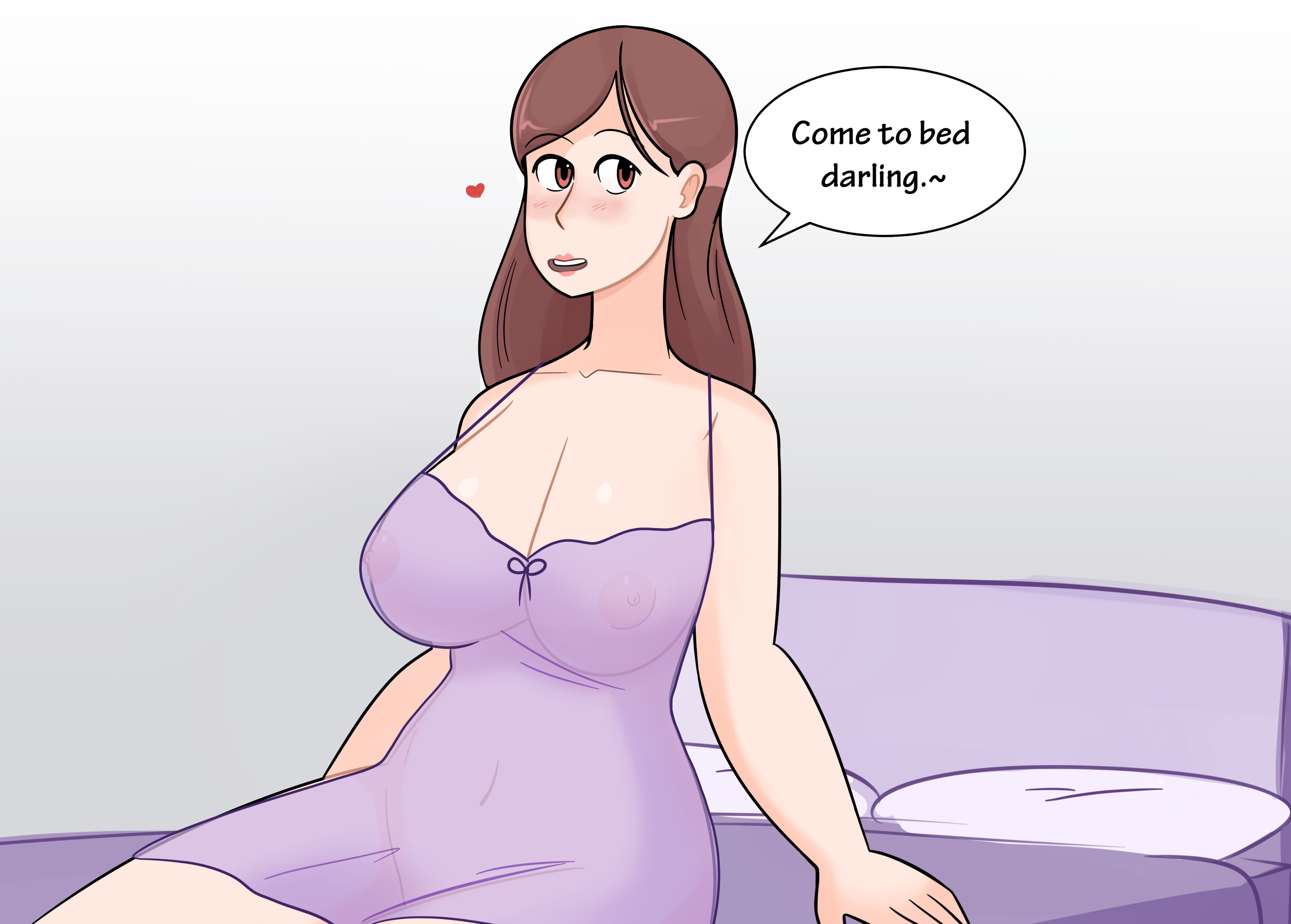 1girls, 2018, areolae, bed, bedroom, big breasts, blush, breasts, brown eyes, brown hair, business of loving, deadenddraws, female, female only, heart, lipstick, looking at viewer, lorraine (business of loving), milf, negligee, nightgown, solo female, transparent clothing, visible nipples