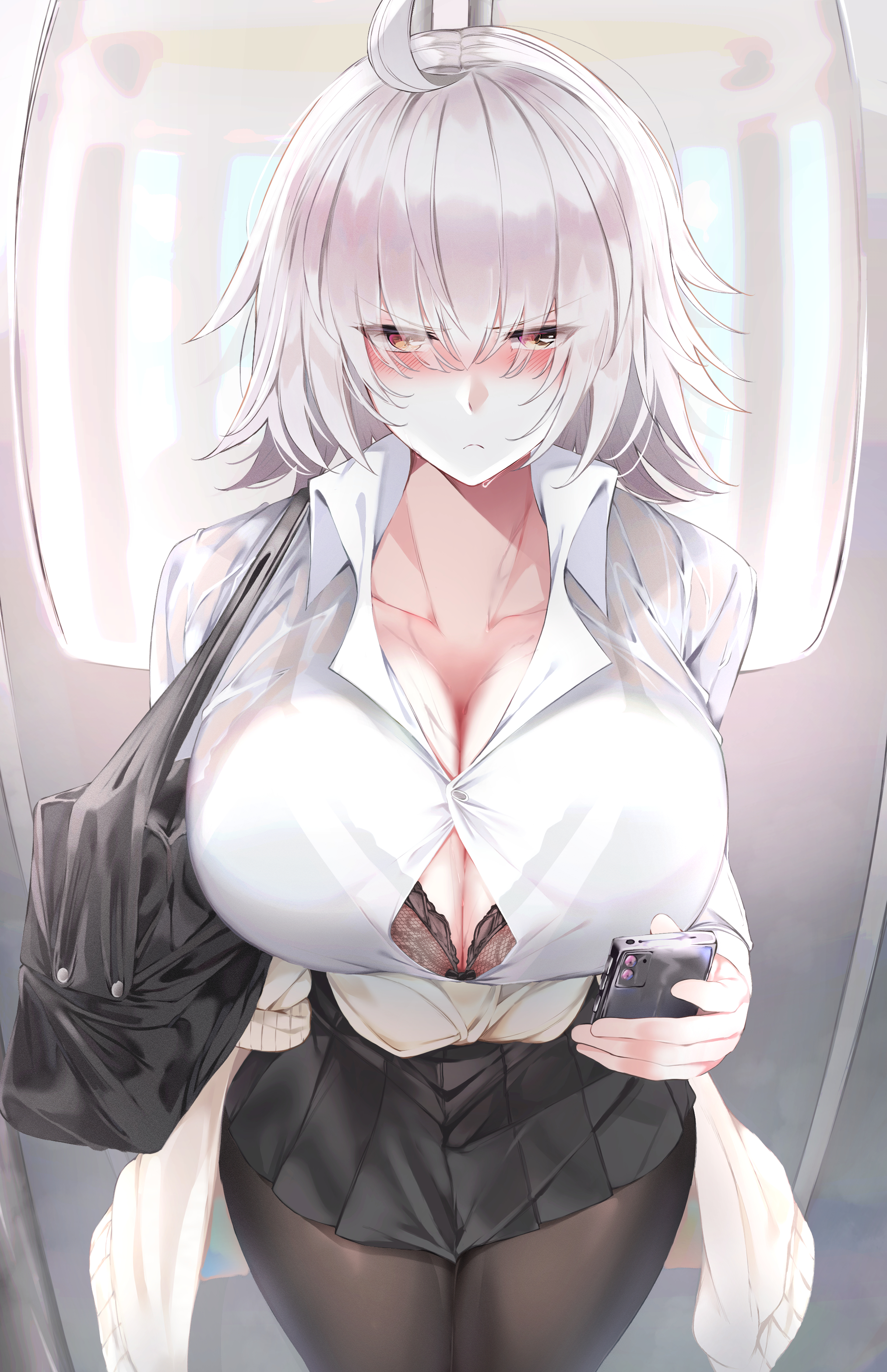 1girls, bag, bangs, bangs over eyes, bannou ippoutsukou, black skirt, blush, bra, breasts, cleavage, embarrassed, fate (series), fate/grand order, female, female focus, grumpy, holding phone, jeanne alter, large breasts, leggings, see-through clothing, short hair, silver hair, soaked, wet clothes, white shirt, yellow eyes