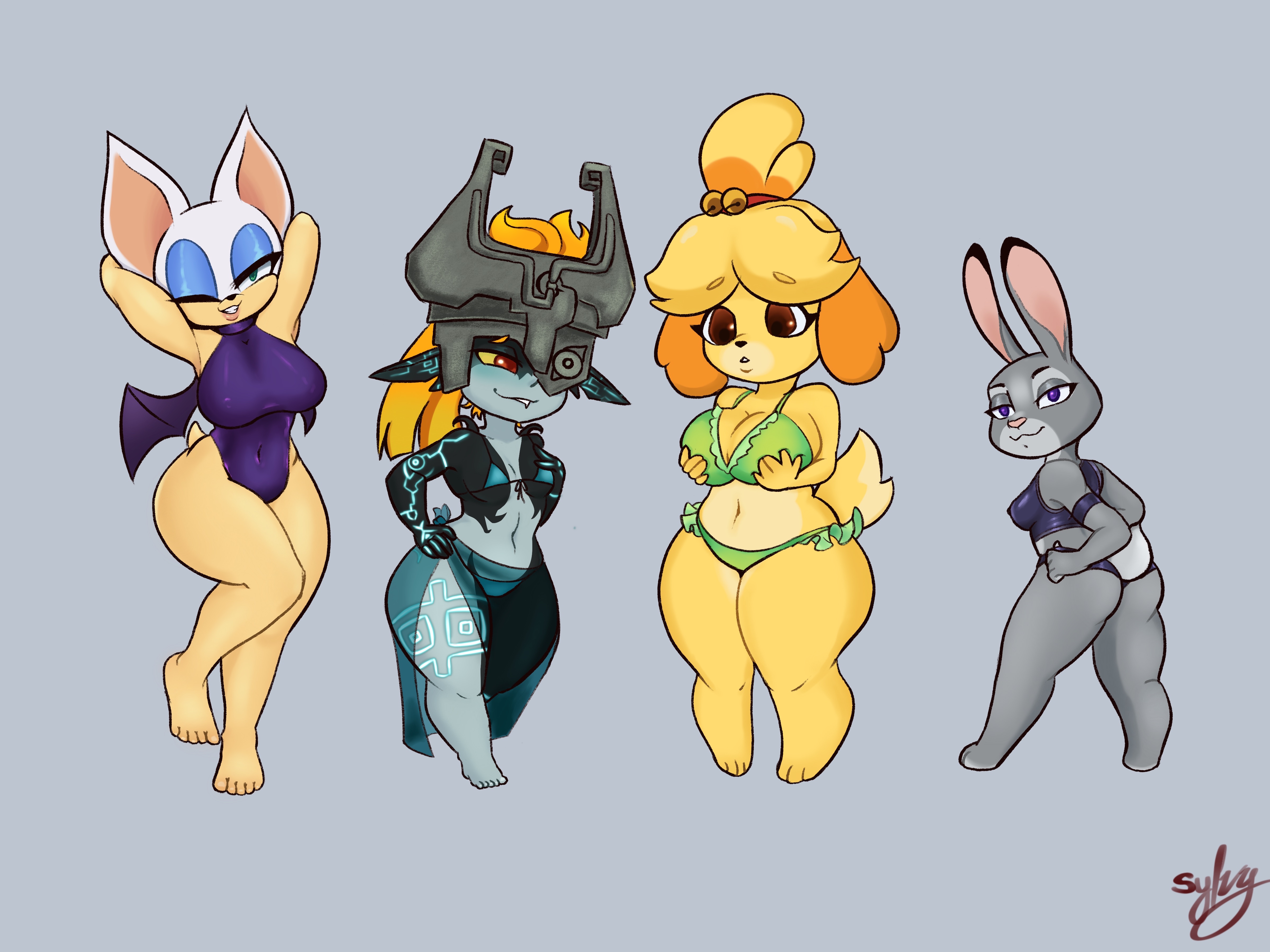 4girls, animal crossing, anthro, bathing suit, bikini, crossover, curvy, disney, eastern and western character, female, female only, furry, grabbing own breast, imp midna, isabelle (animal crossing), judy hopps, micro bikini, midna, multiple females, multiple girls, nintendo, rouge the bat, sega, shortstack, sonic (series), sylvy, the legend of zelda, twili, twilight princess, zootopia