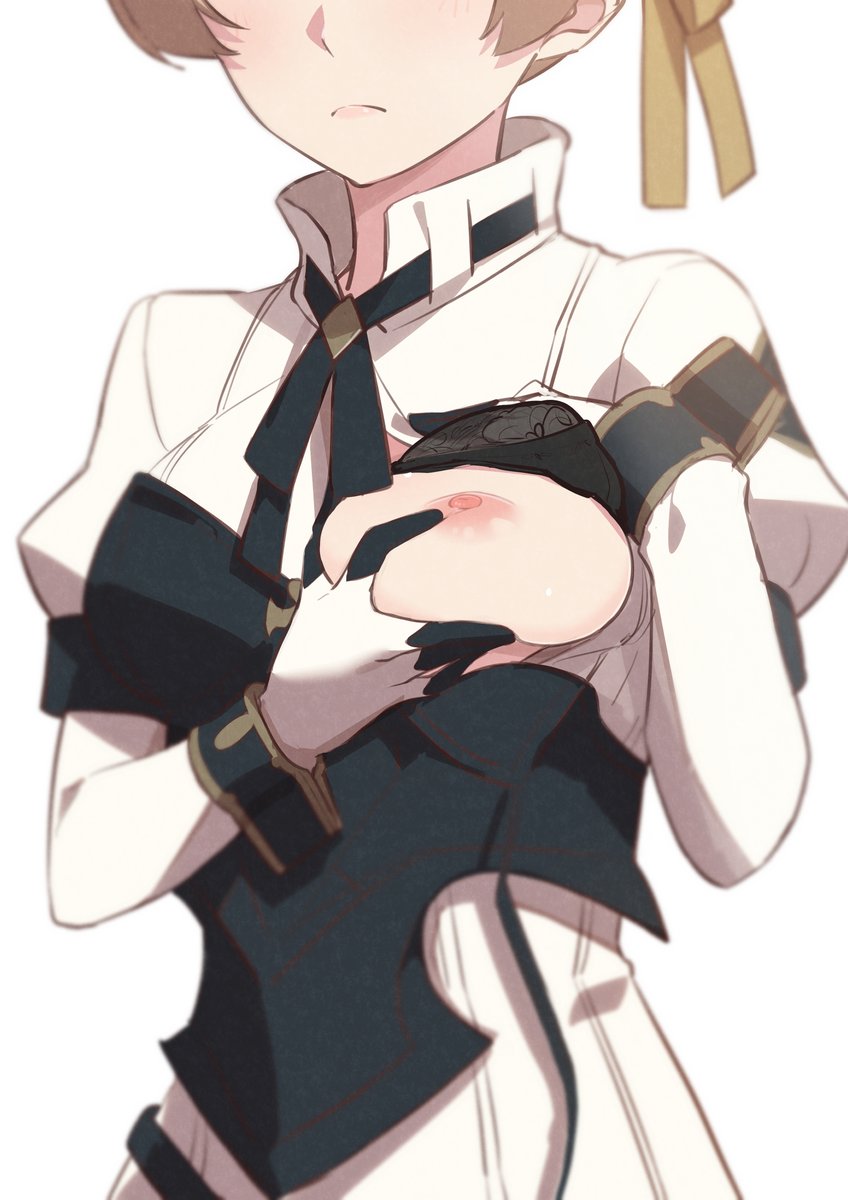 1girls, areolae, big breasts, blonde hair, blush, bra, breasts, close-up, faria (seven knights), female, female only, gloves, hair ribbon, long sleeves, morisobo, nipple rub, nipples, one breast out, ribbon, seven knights, short hair, solo, standing, uniform, white background