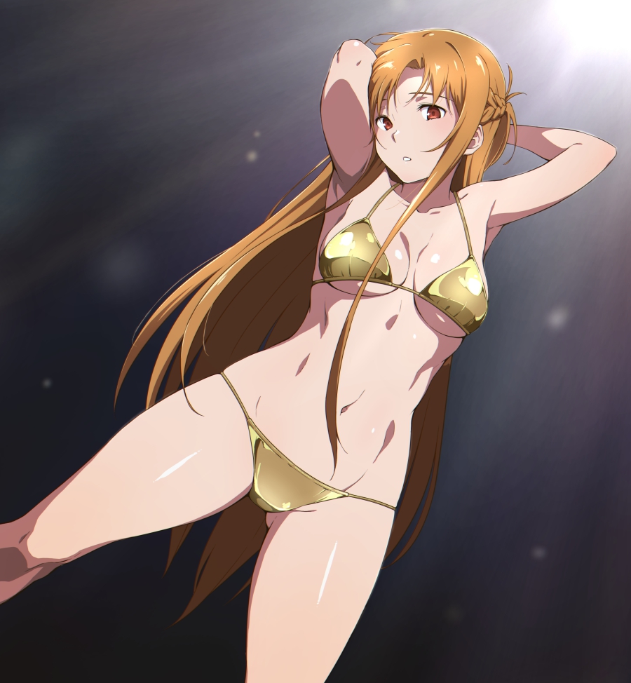 arms_behind_head bikini blush breasts cleavage cowboy_shot female gold_bikini golden_bikini long_hair looking_at_viewer navel nervous pose puge shiny shiny_skin solo swimsuit sword_art_online undersized_clothes yuuki_asuna