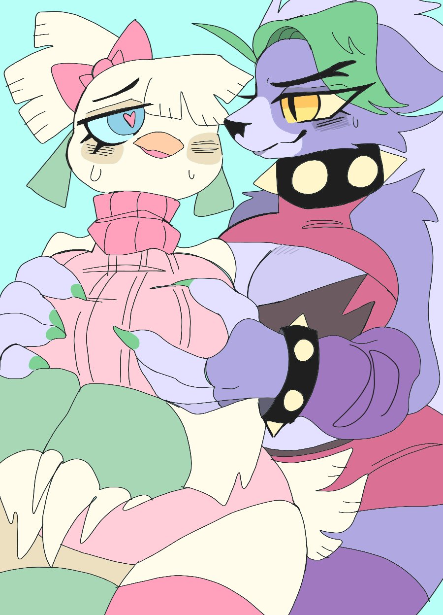 2girls, avian, big breasts, breasts, canid, canine, canis, female, five nights at freddy's, five nights at freddy's: security breach, fur, furry, furry only, glamrock chica (fnaf), grabbing from behind, heart-shaped pupils, holding breast, lesbian, puppychan, roxanne wolf (fnaf), roxyxchica, tagme, tail, yuri