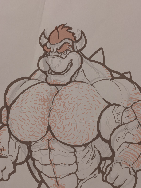 abs body_hair bodybuilder bowser chest_hair gay hairy horns male_only mario_(series) monochrome muscle muscles muscular muscular_arms muscular_male muscular_torso nintendo nipples nude pecs pectorals red_eyes red_hair ripped-saurian shell smiling solo solo_male stubble