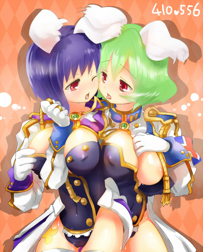 07th_expansion 2girls big_breasts bunny_girl green_hair imminent_kiss multiple_girls purple_hair red_eyes siesta_410 siesta_556 siesta_sisters umineko_no_naku_koro_ni yuri