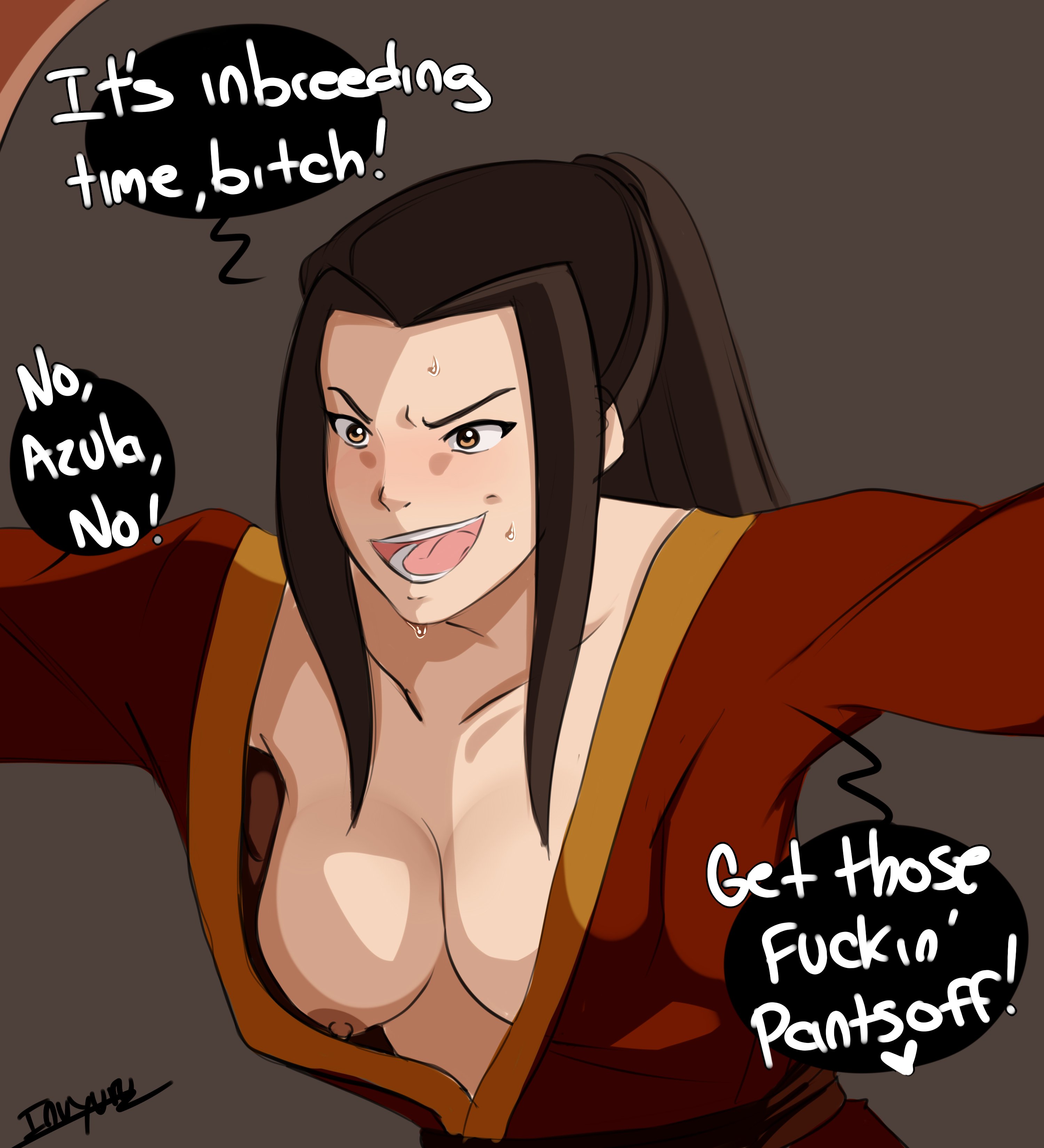 1girls, 2021, artist signature, avatar the last airbender, azula, big breasts, breast out, breasts, brother and sister, clothing, dialogue, edit, english text, erect nipples, female, female only, femdom, fire nation, heart, human, imminent incest, imminent rape, imminent sex, impregnation request, impregnation risk, inuyuru, male, medium breasts, meme, nickelodeon, nipples, offscreen male, ponytail, reverse rape, robe, solo, sweatdrop, sweating, text, unseen character