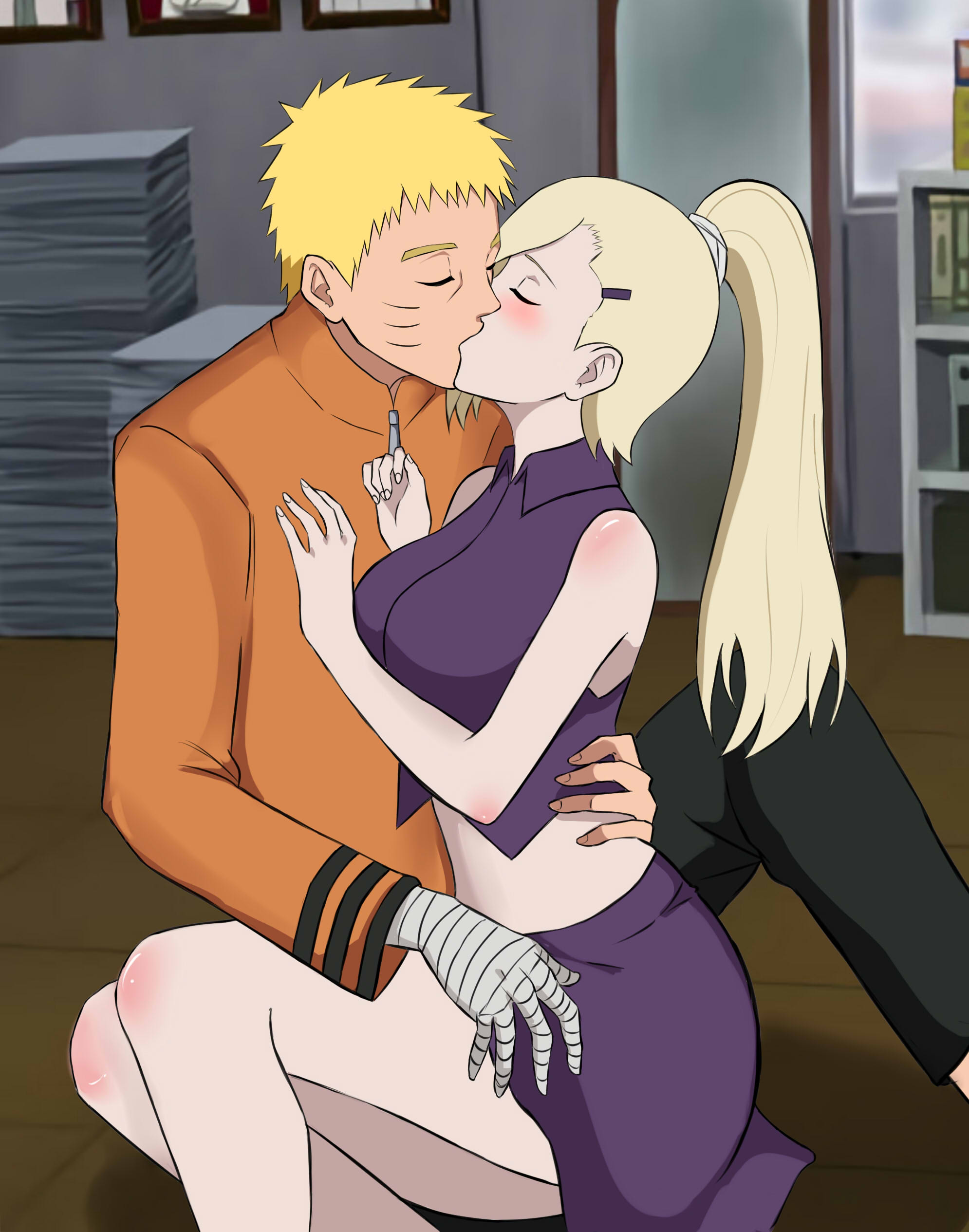 bandaged arm, blonde hair, blush, boruto: naruto next generations, closed eyes, crop top, female, hokage office, indoors, ino yamanaka, jacket, kissing, male, midriff, naruto, naruto (series), on floor, pants, ponytail, short hair, sitting, skirt, sweetlovi, tied hair, uzumaki naruto, yellow hair
