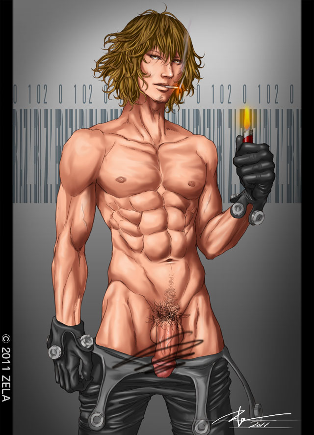 abs blonde_hair cigarette curly_hair facial_hair flaccid gantz gloves happy_trail kazuo_kuwabara latex_gloves lighter looking_at_viewer male male_only male_pubic_hair messy_hair muscular muscular_male pants_down penis pubic_hair smoking solo topless topless_male veiny_muscles veiny_penis