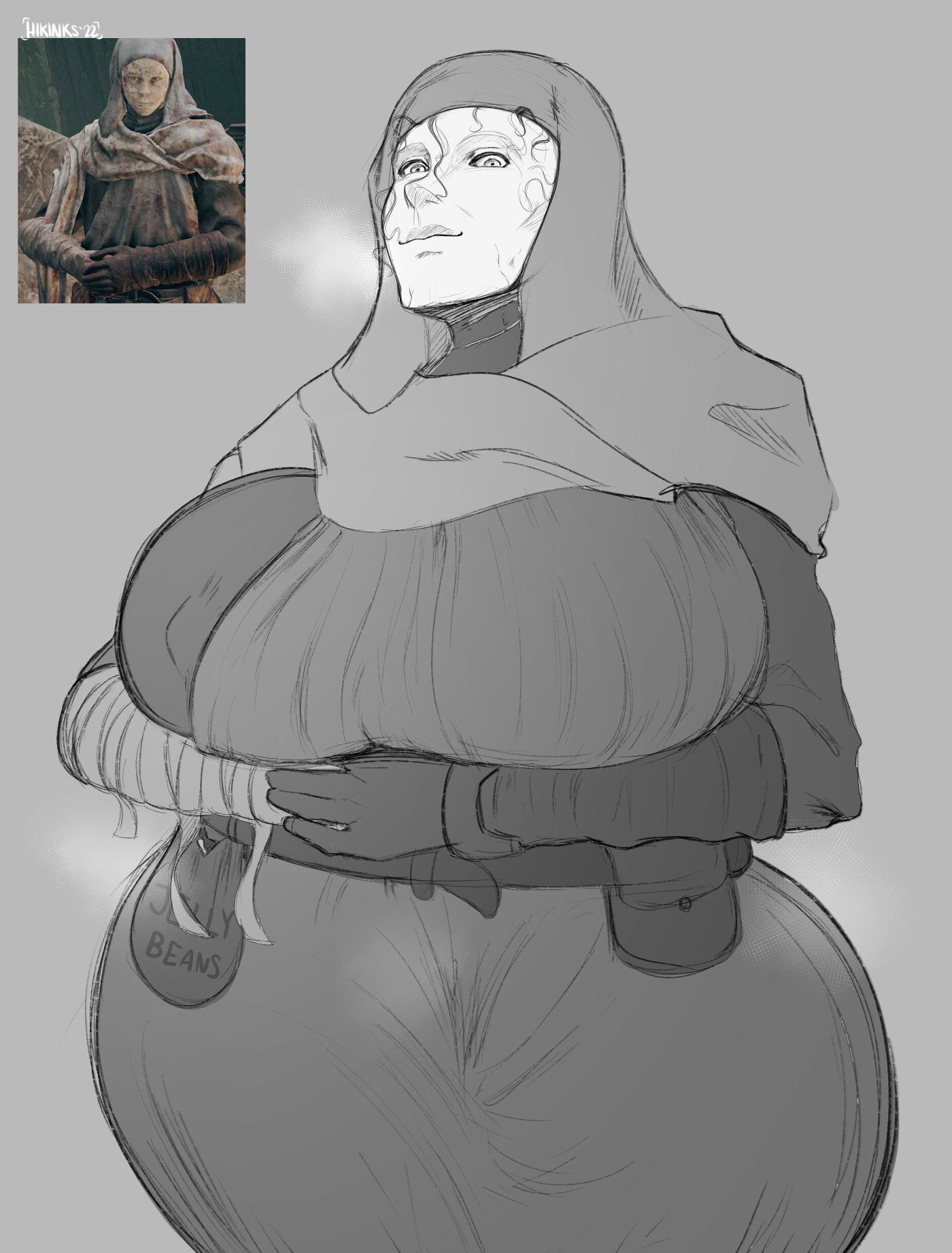 1girls, arms under breasts, big breasts, breasts, breasts bigger than head, elden ring, female, fromsoftware, front view, genderswap, genderswap (mtf), grey background, hikinks, huge breasts, looking at viewer, mask, rule 63, sketch, solo, solo female, solo focus, tagme, thick thighs, thighs, white mask varré, wide hips