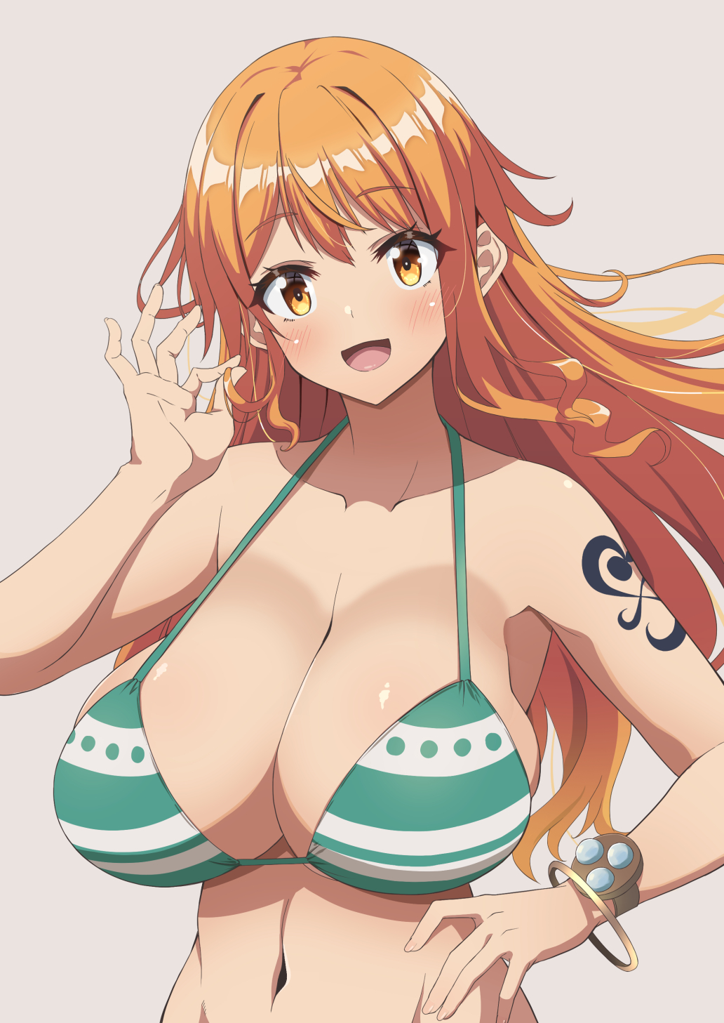 :d bikini blush bracelet breasts collarbone commentary_request enormous_breasts female female_only green_bikini grey_background highres jewelry kojirou! large_breasts log_pose long_hair looking_at_viewer nami nami_(one_piece) navel one_piece open_mouth orange_eyes orange_hair post-timeskip shoulder_tattoo simple_background smile solo swimsuit tattoo upper_body