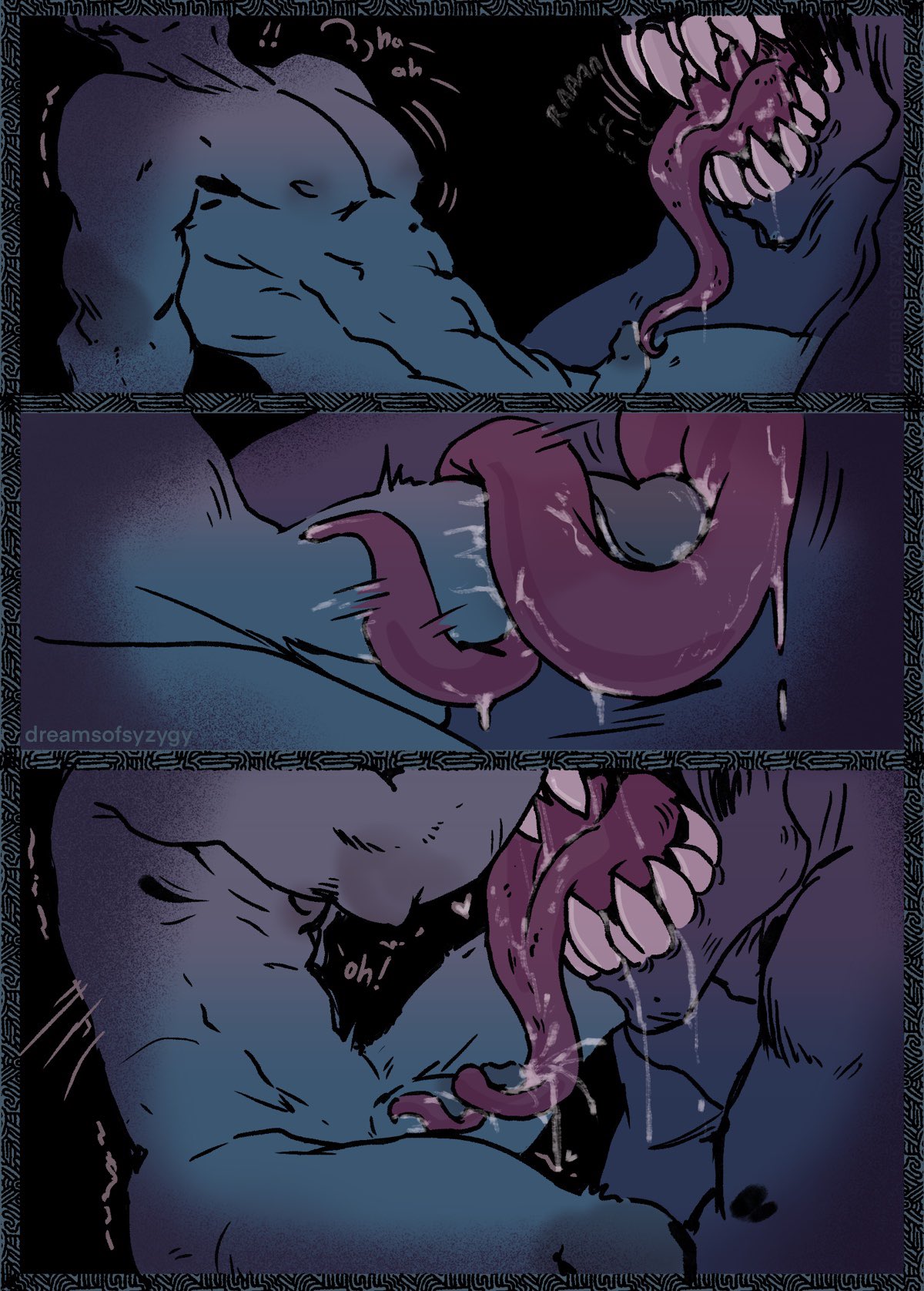 cum, demon, dreamsofsyzygy, ejaculation, erection, faceless male, fangs, human, humanoid, licking, long tongue, male, male only, male/male, muscular, penis, sex, size difference, sucking, sweat, teratophilia, tongue, tongue around penis, tongue out