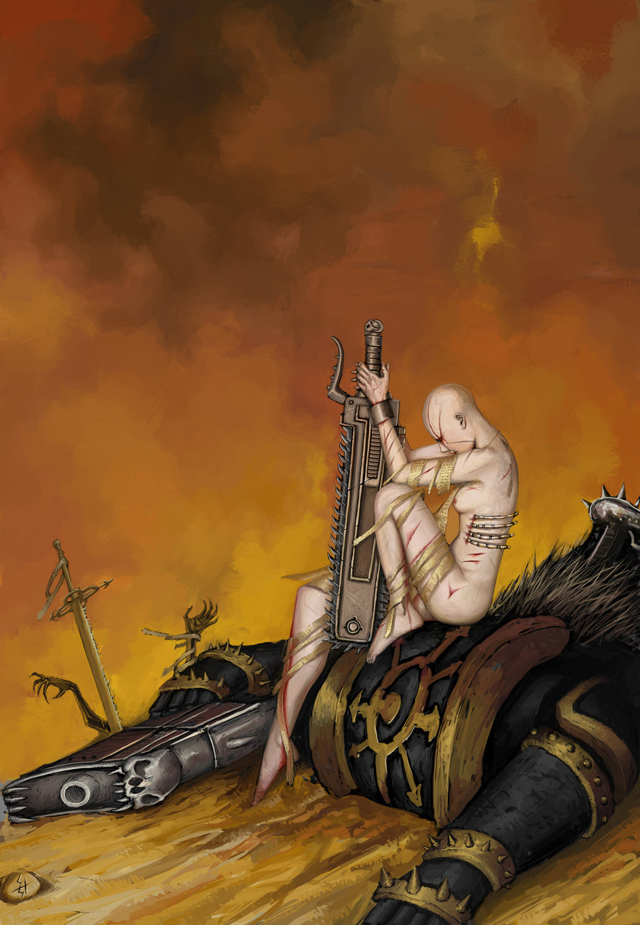 1girls adepta_sororitas areolae bald_female barefoot blood bolter breasts chainsword chaos_(warhammer) chaos_space_marine completely_nude completely_nude_female female gun imperium_of_man nude nude_female power_armor scar scars scars_all_over sister_of_battle sister_repentia sustai sword tagme warhammer_(franchise) warhammer_40k