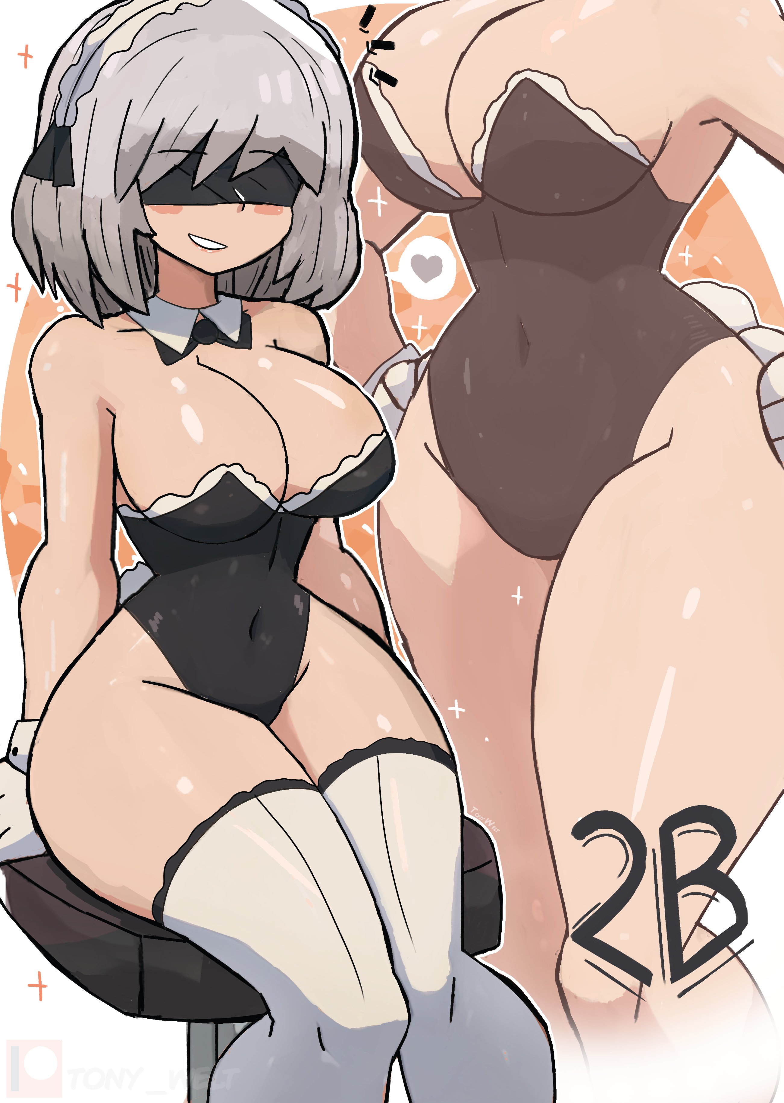 1girls, ass, blindfold, breasts, bunnysuit, female, female only, gloves, large breasts, nier: automata, sitting, smile, solo, thighhighs, thighs, tony welt, white hair, wide hips, yorha 2b