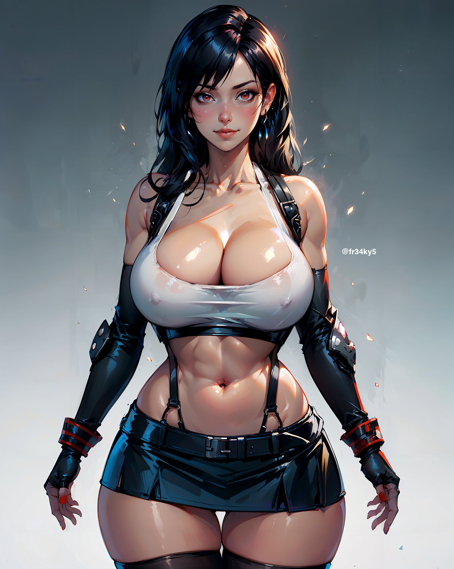1girls, ai generated, bare shoulders, big breasts, black hair, blush, breasts, clothed, clothing, color, female, female focus, female only, final fantasy, final fantasy vii, fr34ky, gloves, hi res, large breasts, light skin, light-skinned female, long hair, looking at viewer, nipples visible through clothing, red eyes, skirt, solo, solo female, square enix, tagme, thick thighs, tifa lockhart