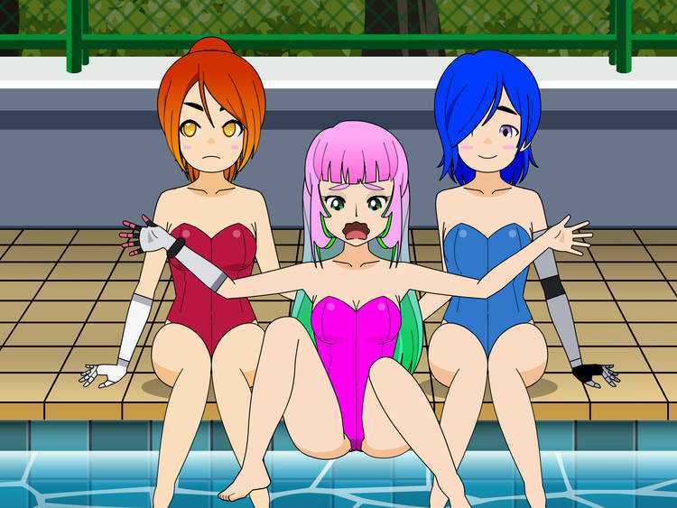 3girls belle_fontiere evelyn_(meta_runner) female_only glitch_productions kisekae meta_runner multiple_girls one-piece_swimsuit slip slipping smg4 swimming_pool swimsuit tari_(smg4)