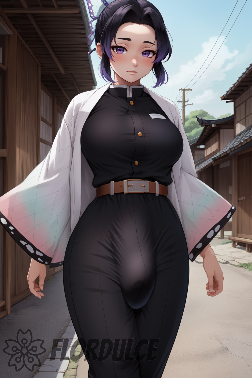 ai_generated black_hair bulge bulge_through_clothing butterfly_hair_ornament clothing covered_penis demon_slayer demon_slayer_uniform flordulce futa_only futanari hair_ornament haori japanese_building kimetsu_no_yaiba kochou_shinobu mommy multicolored_hair outdoors penis_bulge purple_eyes solo_futa street uniform village