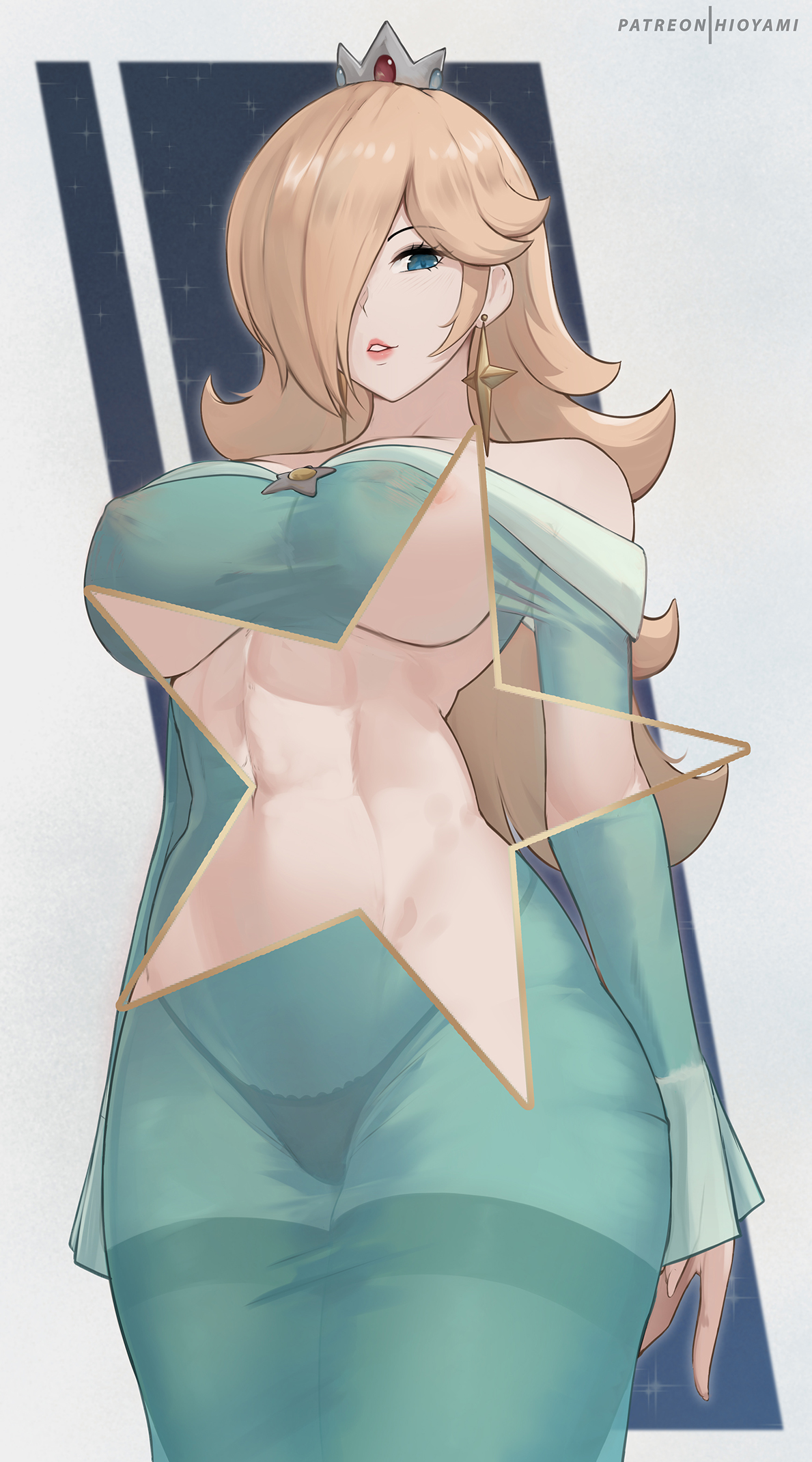 1girls, abs, athletic, athletic female, blonde hair, breasts, female, fit, fit female, hair over one eye, hioyami, huge breasts, light skin, light-skinned female, long hair, mario (series), mature female, midriff, naughty face, navel, nintendo, princess rosalina, super mario galaxy, toned, toned female, underboob
