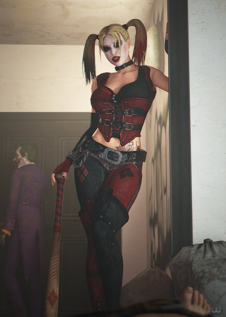 3d, baseball bat, batman (series), batman: arkham city, blonde hair, clothed, clothed female, dc, dc comics, facepaint, female, female focus, front view, fully clothed, harley quinn, harley quinn (arkham city), harley quinn (arkham), joker, leaning, makeup, standing, the joker, twintails, wildynsfw