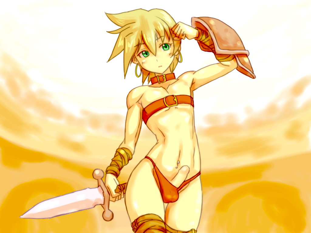 1boy androgynous athletic athletic_male blade blonde_hair blush bulge choker clenched_hand earrings erection erection_under_clothes femboy girly gladiator green_eyes jewelry looking_at_viewer male_focus navel noname_(nowhere) otoko_no_ko penis short_hair solo standing sword trap uncensored weapon