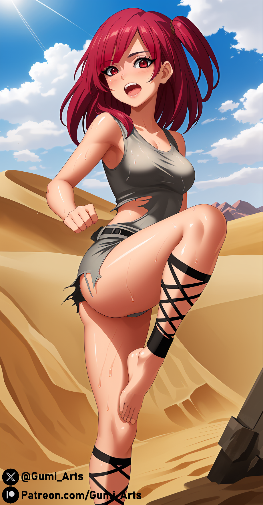 1girls ai_generated ankle_lace-up barefoot cloud desert gumi_arts leg_up looking_at_viewer magi:_the_labyrinth_of_magic morgiana one_side_up open_mouth outdoors red_eyes red_hair ruins sand sky solo stable_diffusion sunshine torn_clothes wet