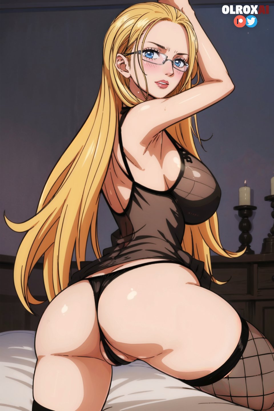 1girls ai_generated arm_up ass ass back back_view bare_arms bare_shoulders bed big_ass big_breasts big_butt blonde_hair blue_eyes blush color female female_focus female_only fishnets glasses hi_res kalifa large_breasts lingerie long_hair looking_at_viewer olroxai on_bed one_piece panties shounen_jump solo solo_female tagme thick_thighs underwear