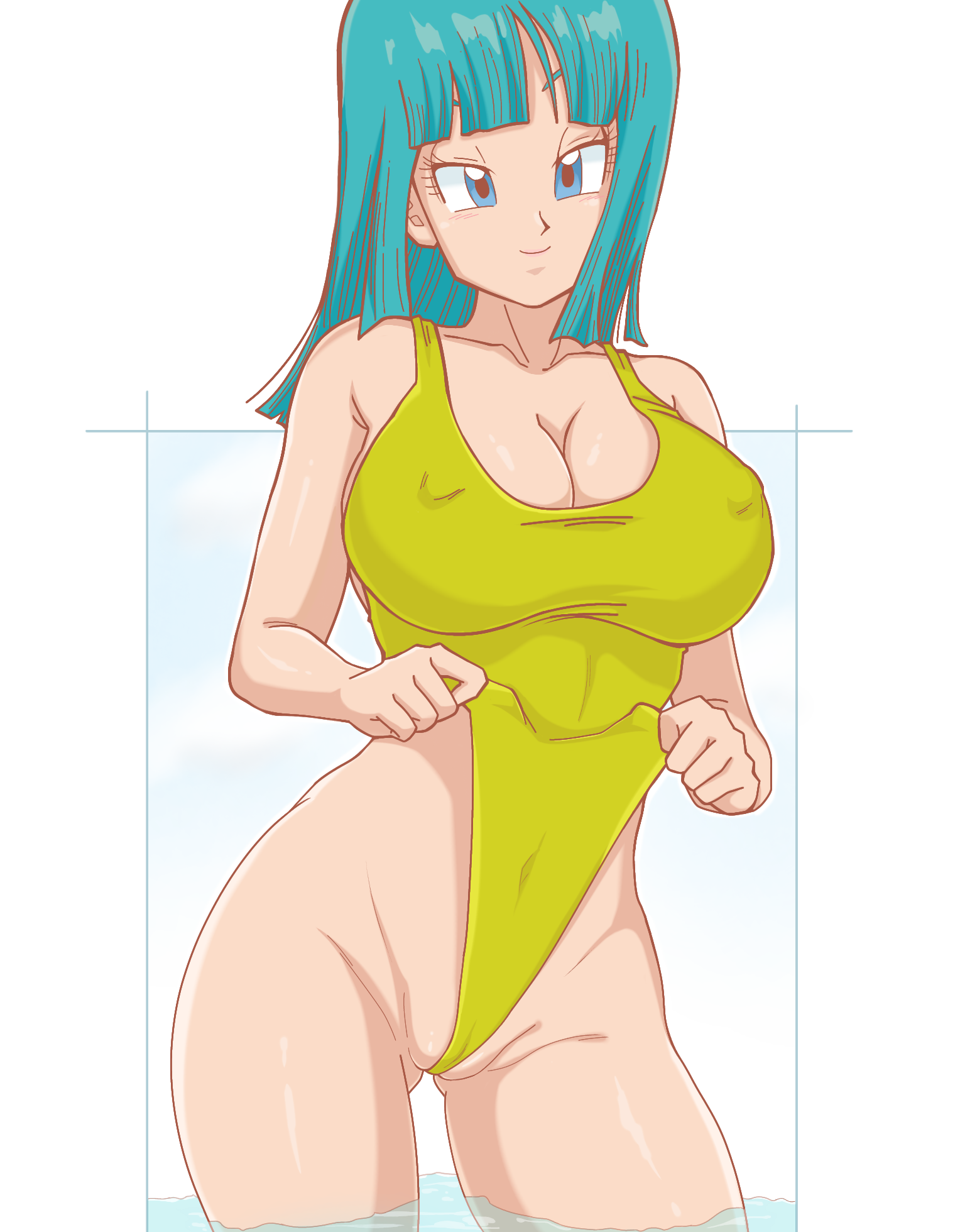 1girls, big breasts, blue eyes, blue hair, bra, breasts, dragon ball, dragon ball z, female, female focus, female only, focus, long hair, maron, swimming, swimming pool, swimsuit, tight clothing, white background, xeno doujin