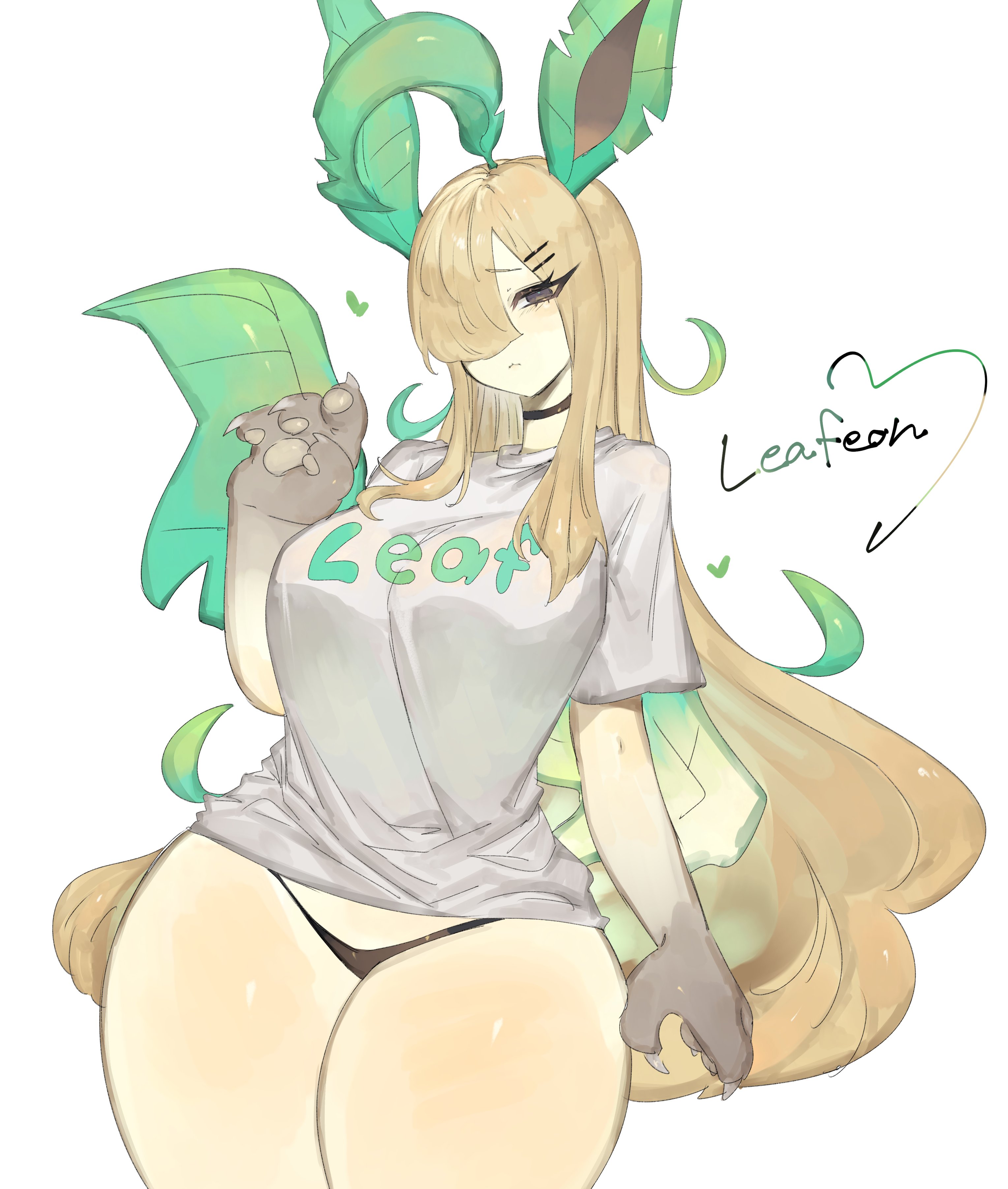 1girls, 2023, blonde hair, eeveelution, female, female only, generation 4 pokemon, hair over one eye, humanoid, leafeon, long hair, looking at viewer, nintendo, pawpads, paws, pokemon, pokemon (species), pokemorph, solo, t-shirt, thick thighs, thong, toge77789, togetoge, very high resolution, white background