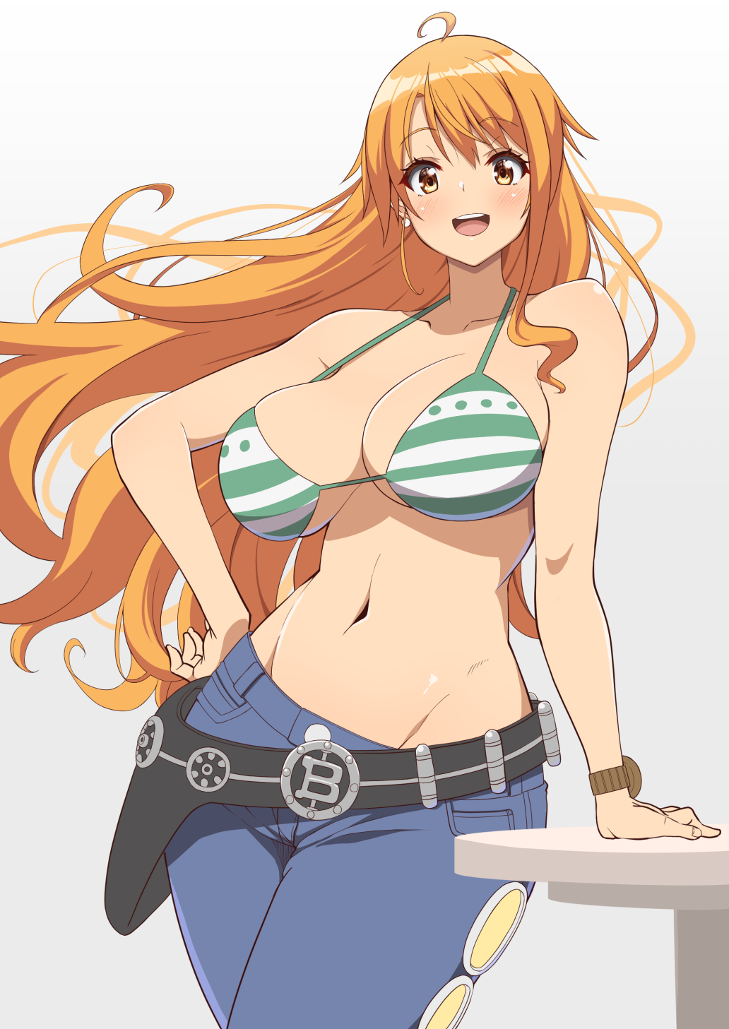 arm_support bad_id bad_twitter_id belt bikini bikini_top_only breasts cleavage cowboy_shot denim earrings female female_only grey_background highres inactive_account jeans jewelry kojirou! large_breasts long_hair nami nami_(one_piece) navel one_piece orange_eyes orange_hair pants post-timeskip smile solo stomach striped_bikini swimsuit table