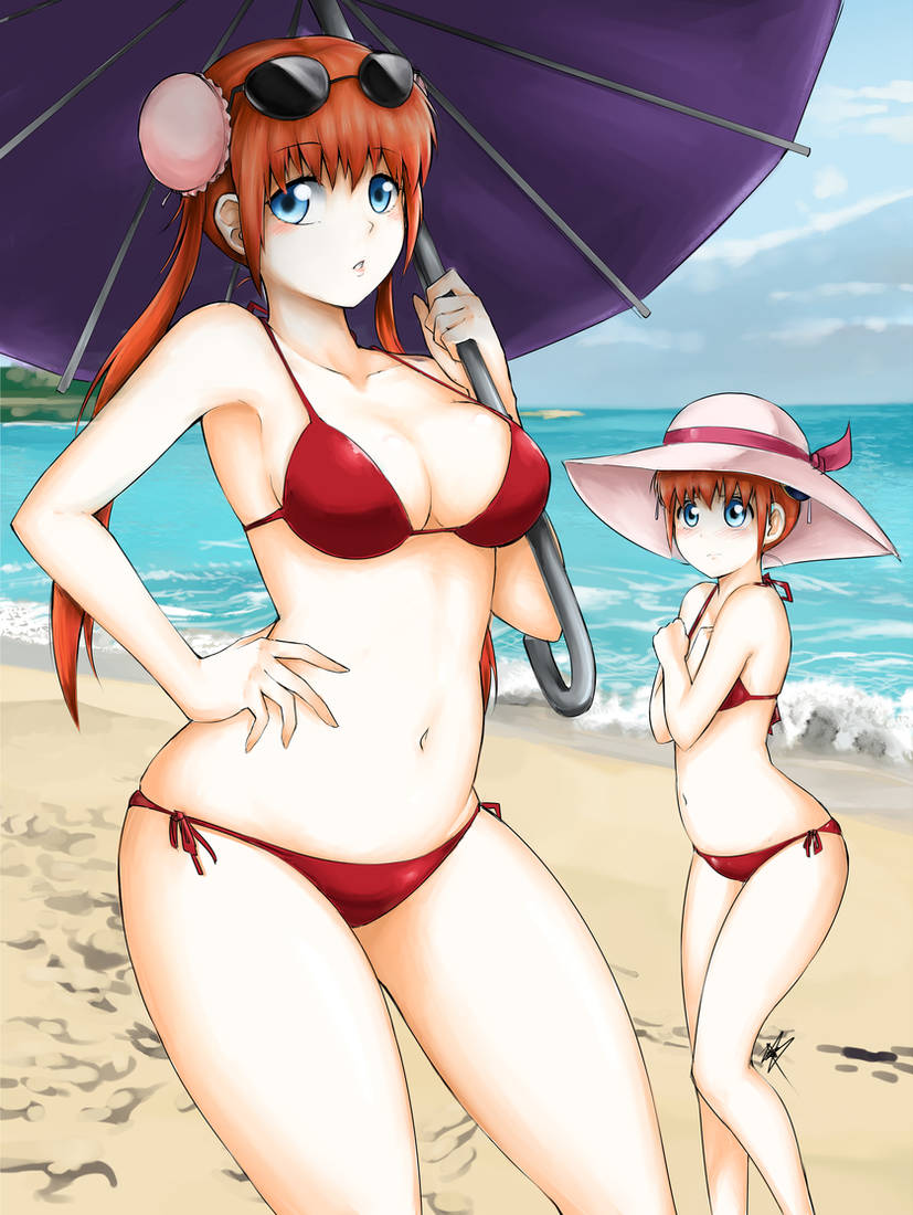 2girls age_difference aged_up angel_face_slut_ass beach beach_background beach_umbrella bikini breast_envy bun_cover cleavage dual_persona embarrassed famboykq female female_only fertile_age flat_chest gintama glasses_on_head insecure kagura_(gintama) long_hair medium_breasts multiple_girls post-timeskip red_bikini sun_hat sunglasses sunglasses_on_head swimsuit teenage_girl time_paradox twintails umbrella