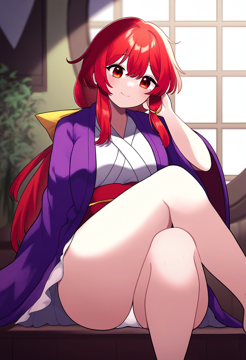 1girls 2d 4chan ai_generated female female_focus hair_ribbon hips junihitoe kimono kotohime kotohime_(touhou) legs legs_crossed long_hair looking_at_viewer obi police_officer ponytail princess purple_junihitoe red_eyes red_hair royalty sitting smile source thick_legs thighs tied_hair touhou touhou_(pc-98) underwear