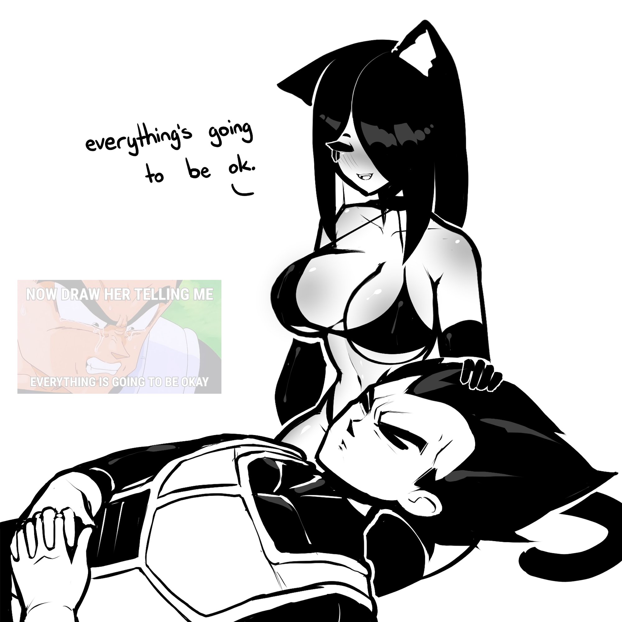 1boy, 1girls, 2024, animal ears, bikini, black bikini, black hair, blush, breasts, cat ears, cat girl, cat tail, catgirl, catte (tekona), cleavage, closed eyes, comforting, dragon ball, elbow gloves, english text, facial markings, female, gloves, lap pillow, large breasts, long gloves, male, meme, now draw her, open mouth, original, smile, tagme, tail, tekona, text, thighhighs, thighs, vegeta