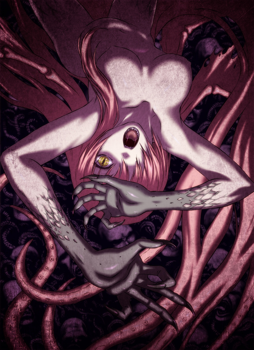 breasts cthuluka hair_over_one_eyes highres iga_tomoteru long_hair lovecraft megurine_luka monster_girl nude open_mouth pink_hair tentacle tentacle_girl vocaloid wings yellow_eyes